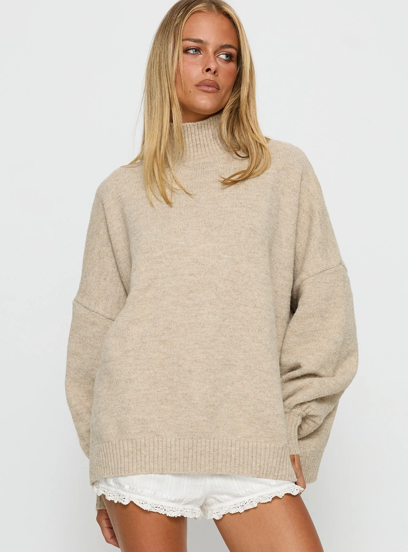 Patrizia Funnel Neck Knit Sweater Beige - Image 2