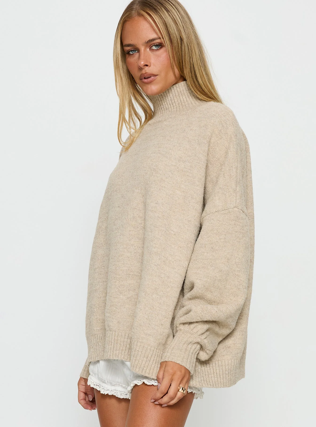 Patrizia Funnel Neck Knit Sweater Beige - Image 4