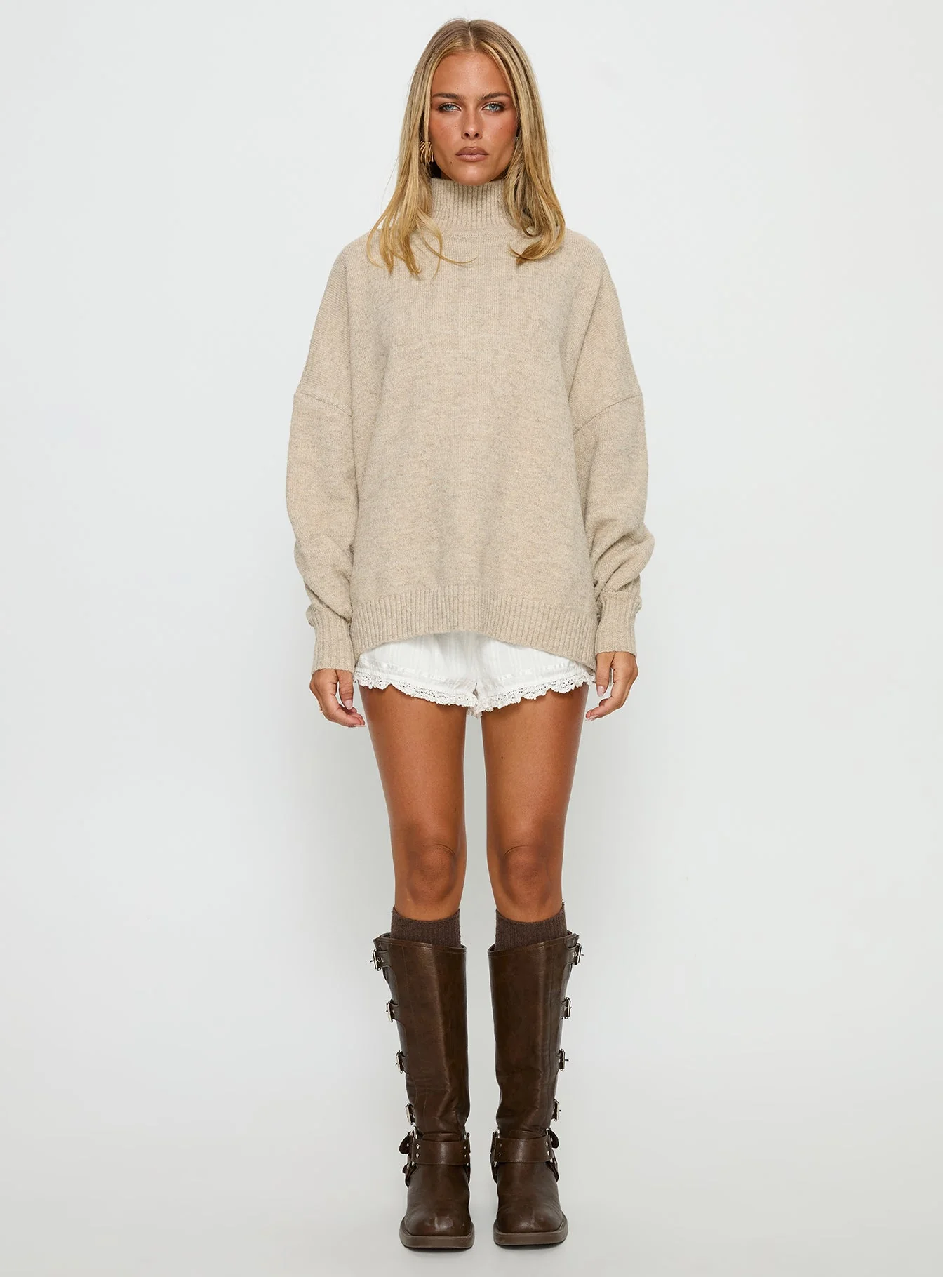 Patrizia Funnel Neck Knit Sweater Beige - Image 7