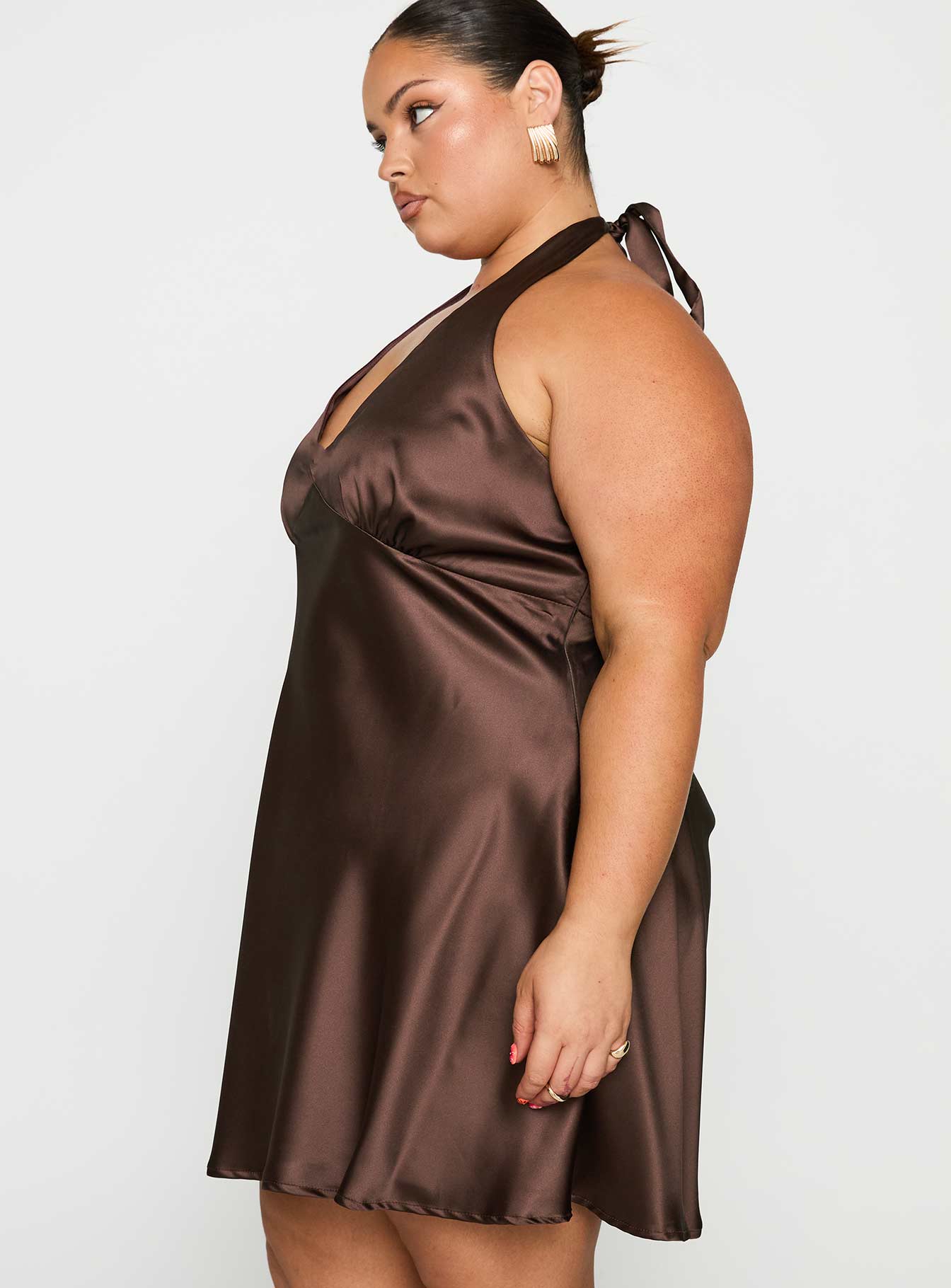 Pelagia Halter Scarf Tie Mini Dress Brown Curve - Image 3