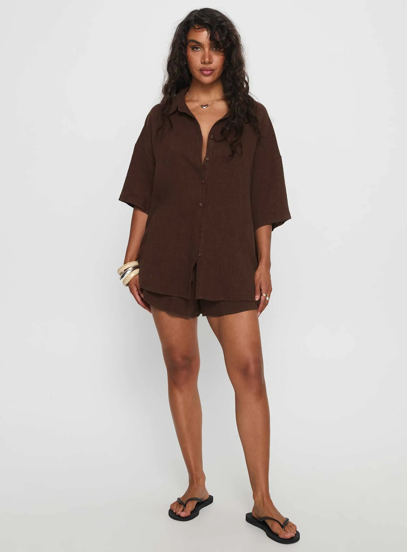 Peni Linen Button Down Top Chocolate - Image 3