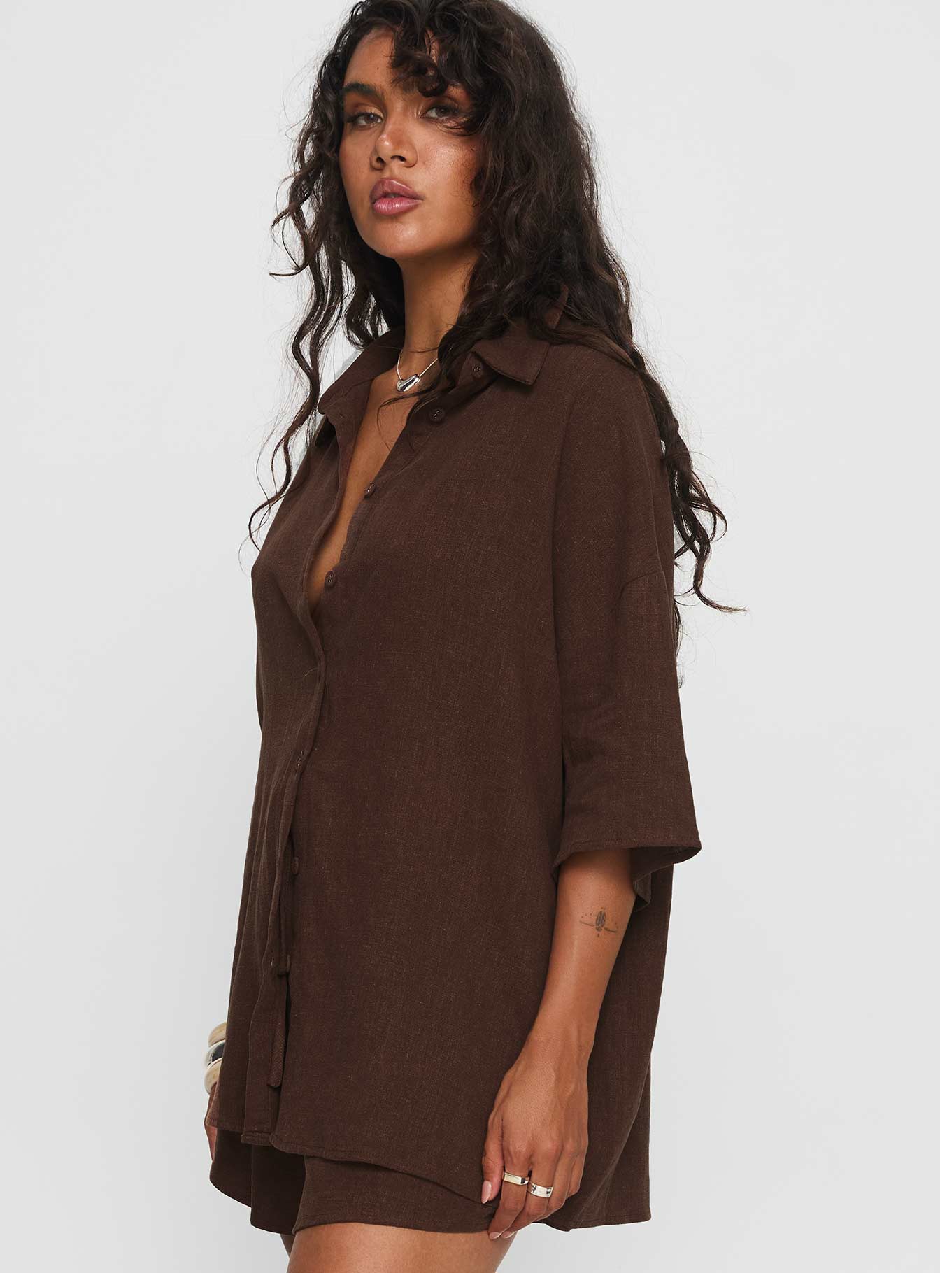 Peni Linen Button Down Top Chocolate - Image 4