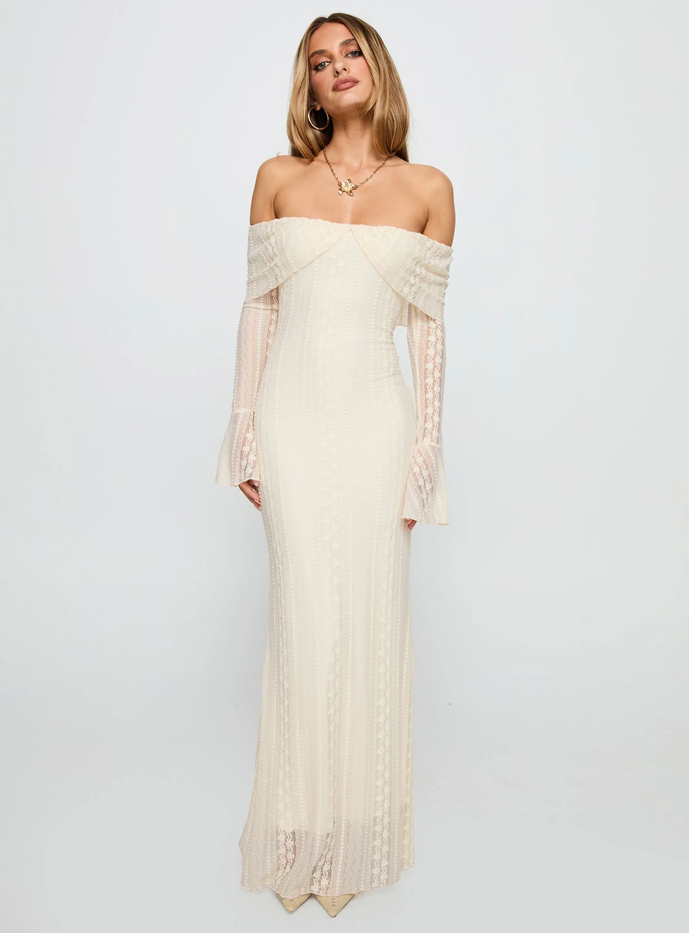 Perdita Long Sleeve Lace Maxi Dress Cream - Image 3