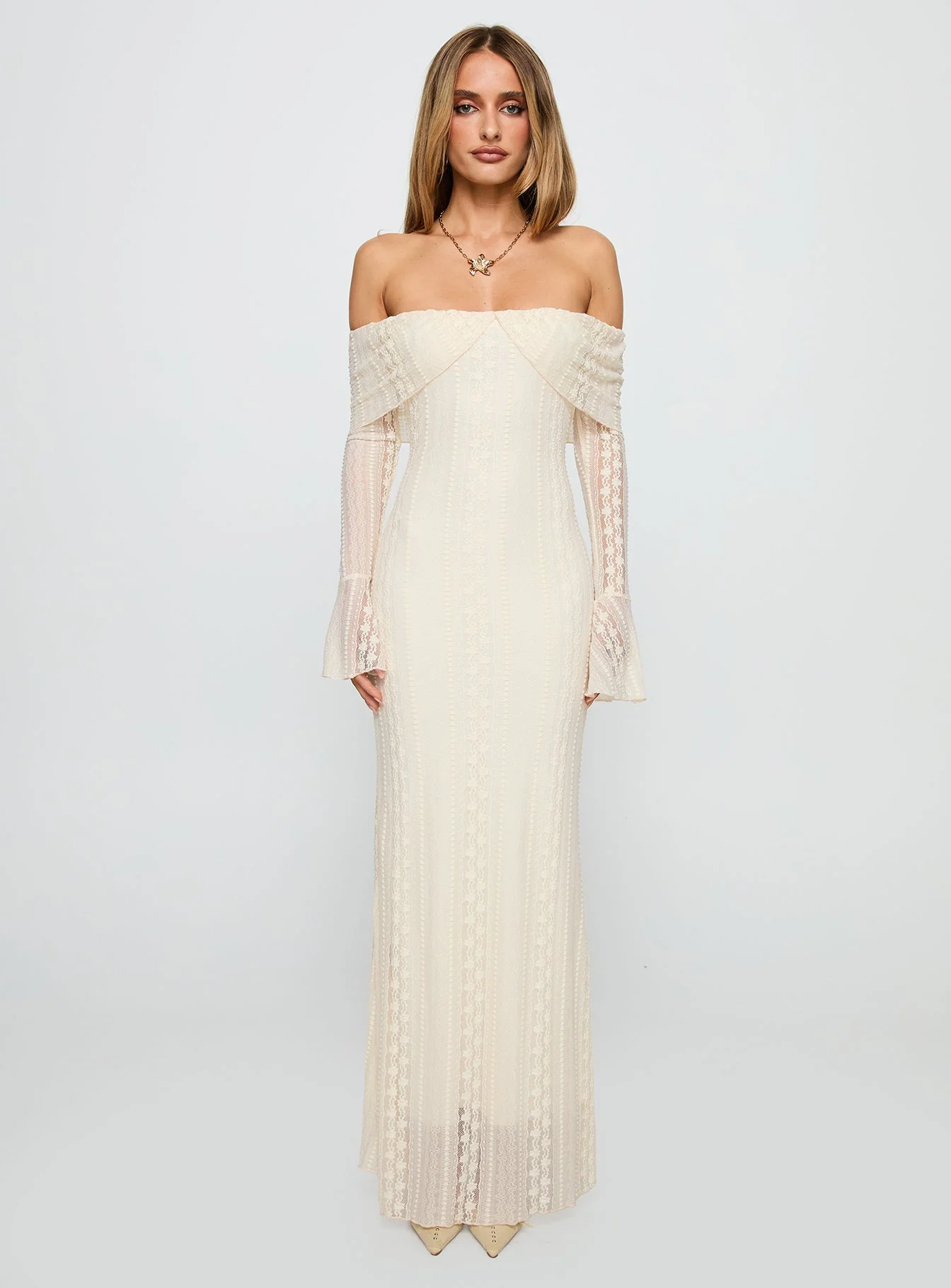 Perdita Long Sleeve Lace Maxi Dress Cream - Image 7