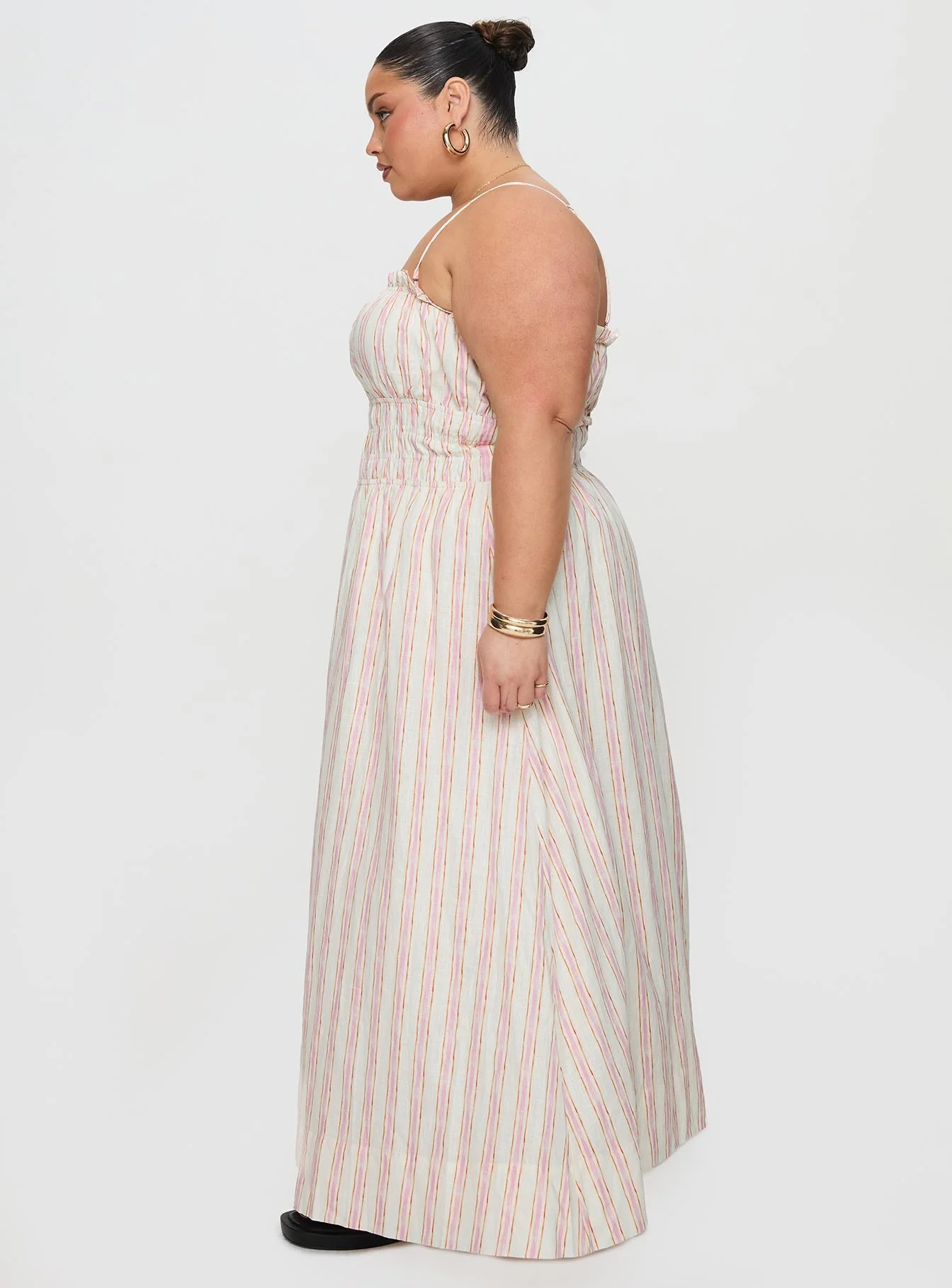 Persephone Shirring Linen Maxi Dress Pink Stripe Curve - Image 4