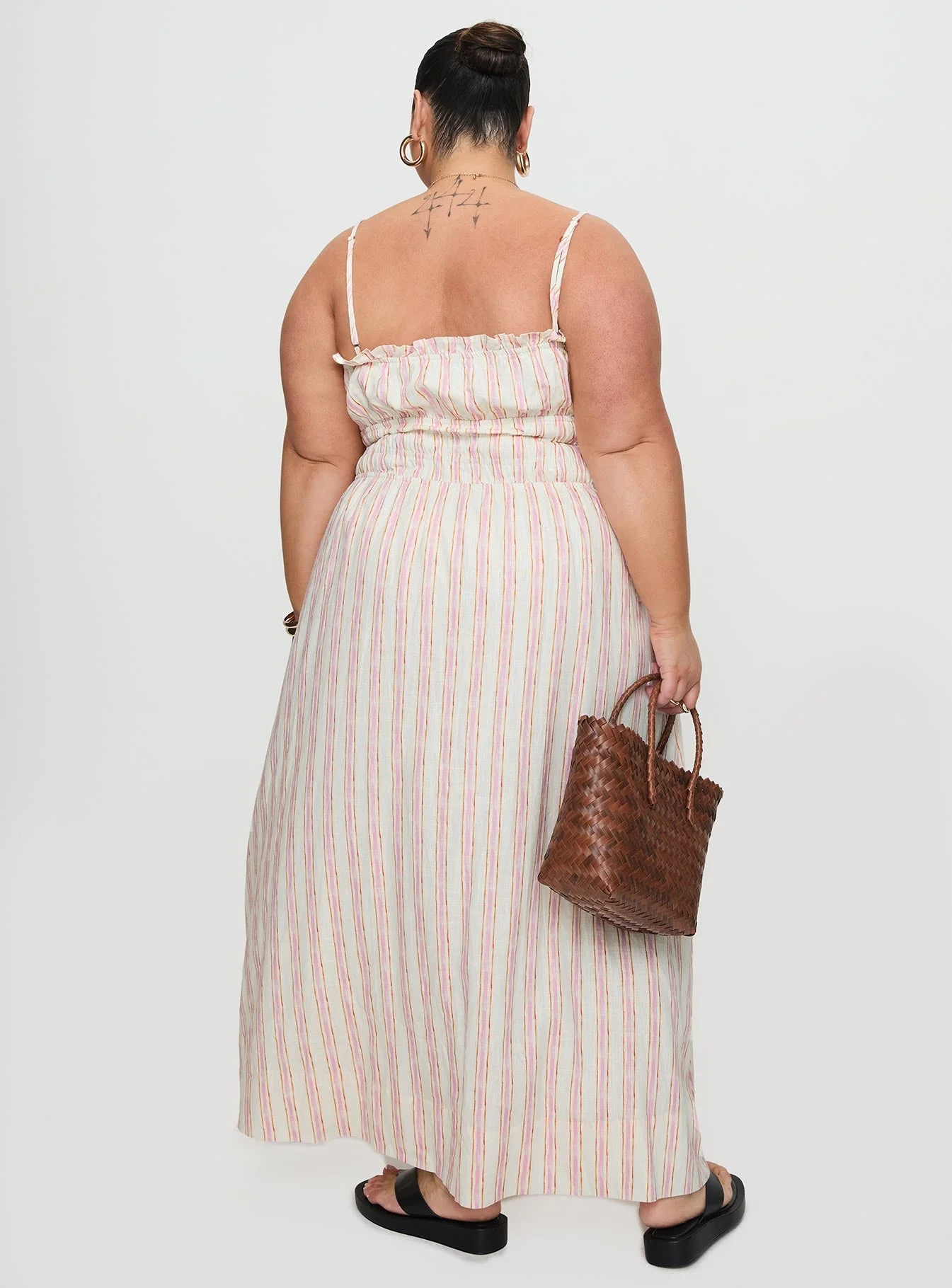 Persephone Shirring Linen Maxi Dress Pink Stripe Curve - Image 5