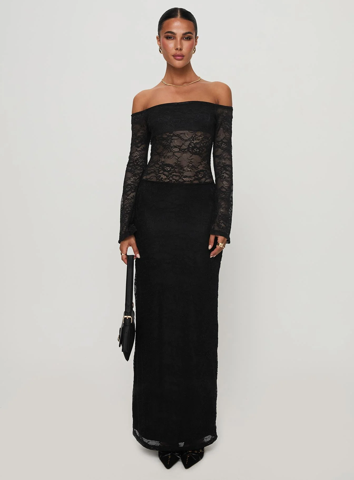 Pinot Grigio Long Sleeve Lace Maxi Dress Black - Image 7