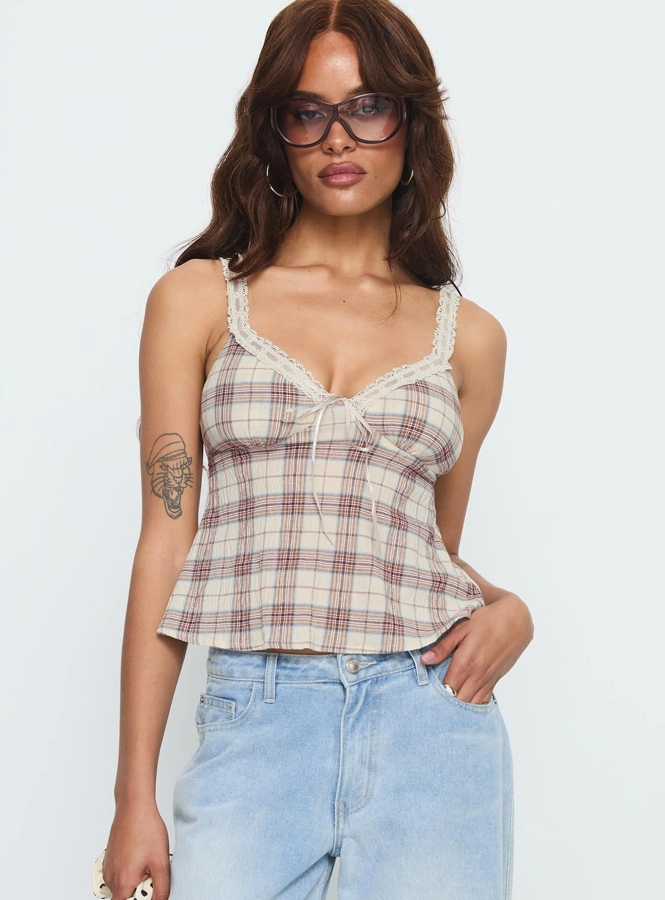 Pretty It Up Tie Detail Top Beige Check - Image 2