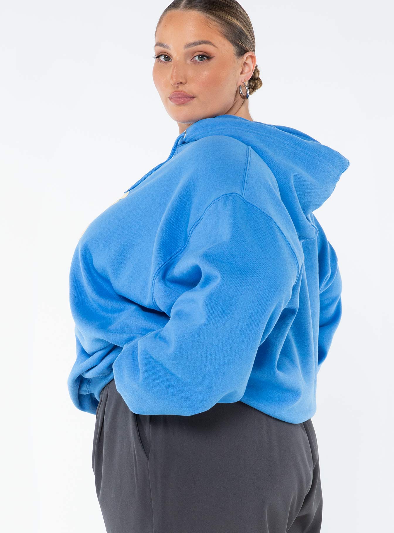 Princess Polly Hooded Sweatshirt Bubble Text Blue / Yellow Curve - Image 4