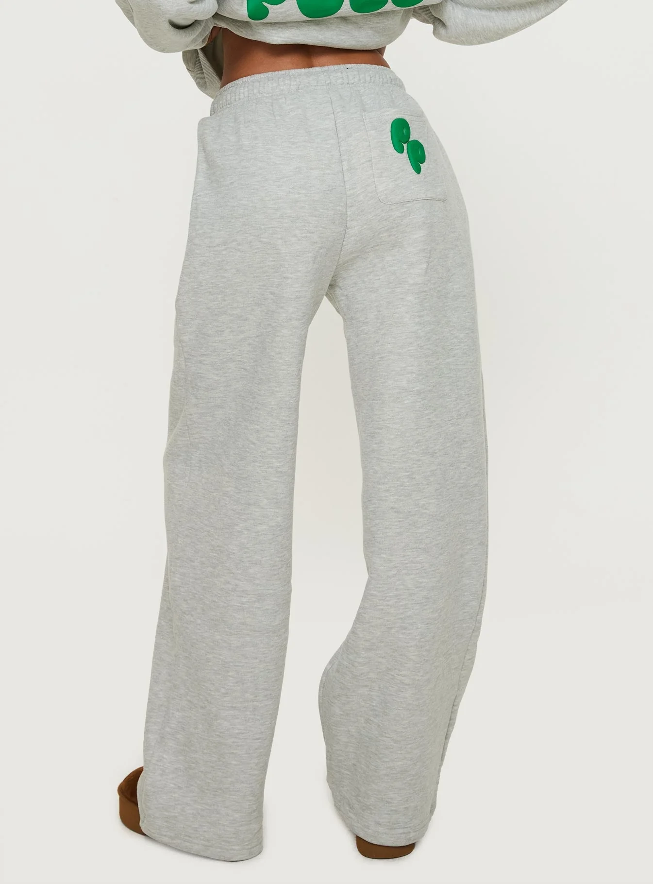 Princess Polly Wide Leg Track Pant Bubble Text Grey Marle / Green - Image 4