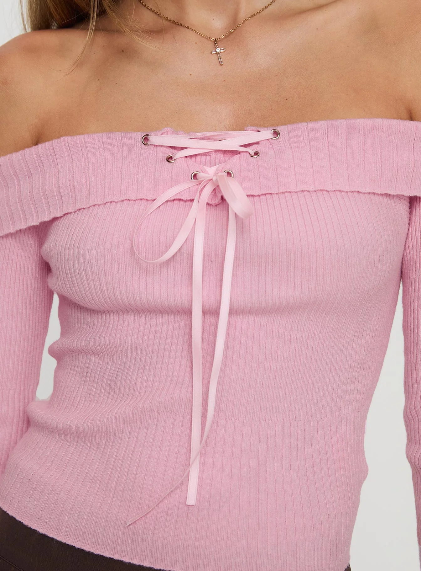 Nighttime Off Shoulder Knit Top Pink - Image 5