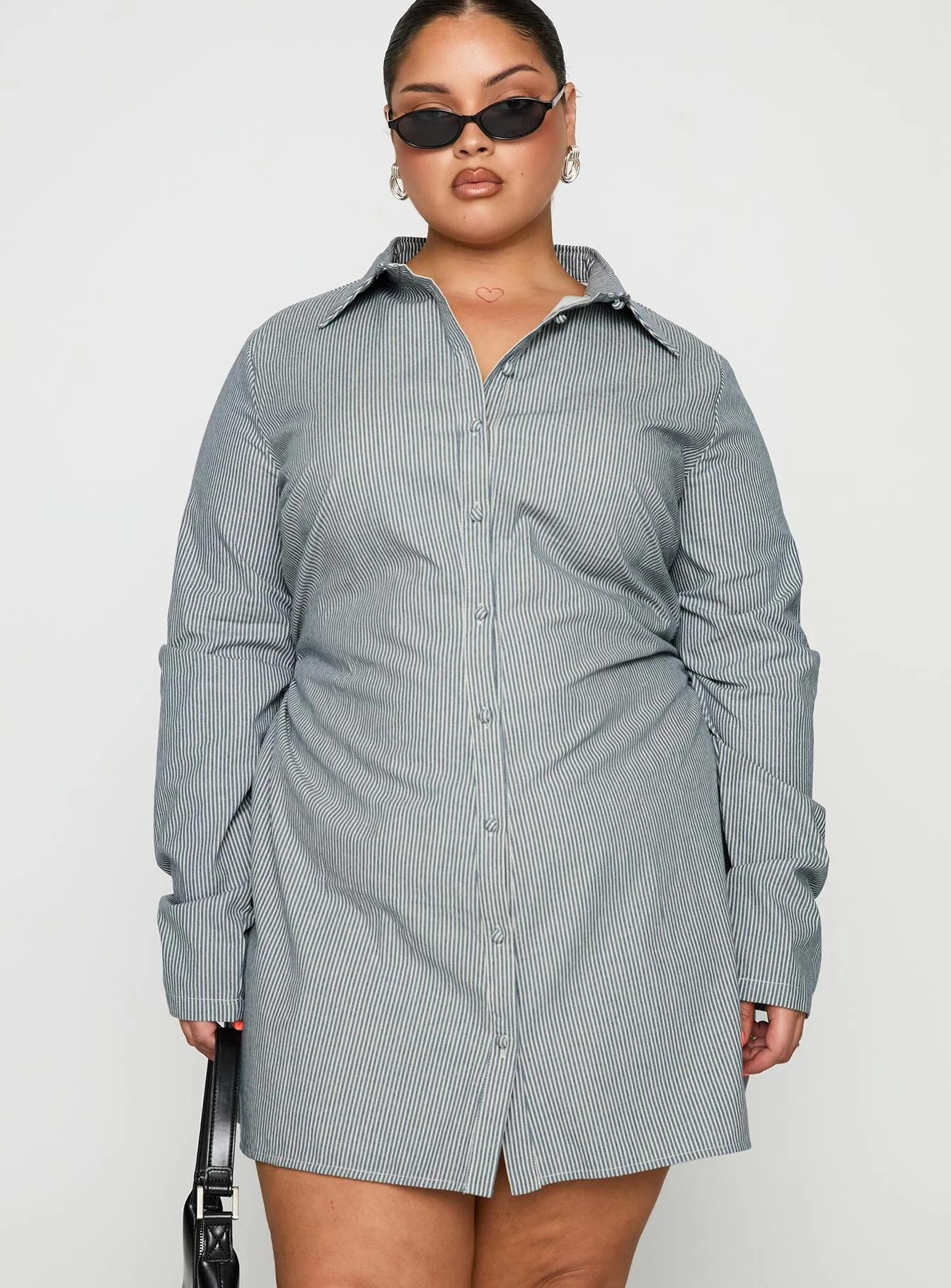Publicity Long Sleeve Mini Dress Blue Pinstripe Curve - Image 2