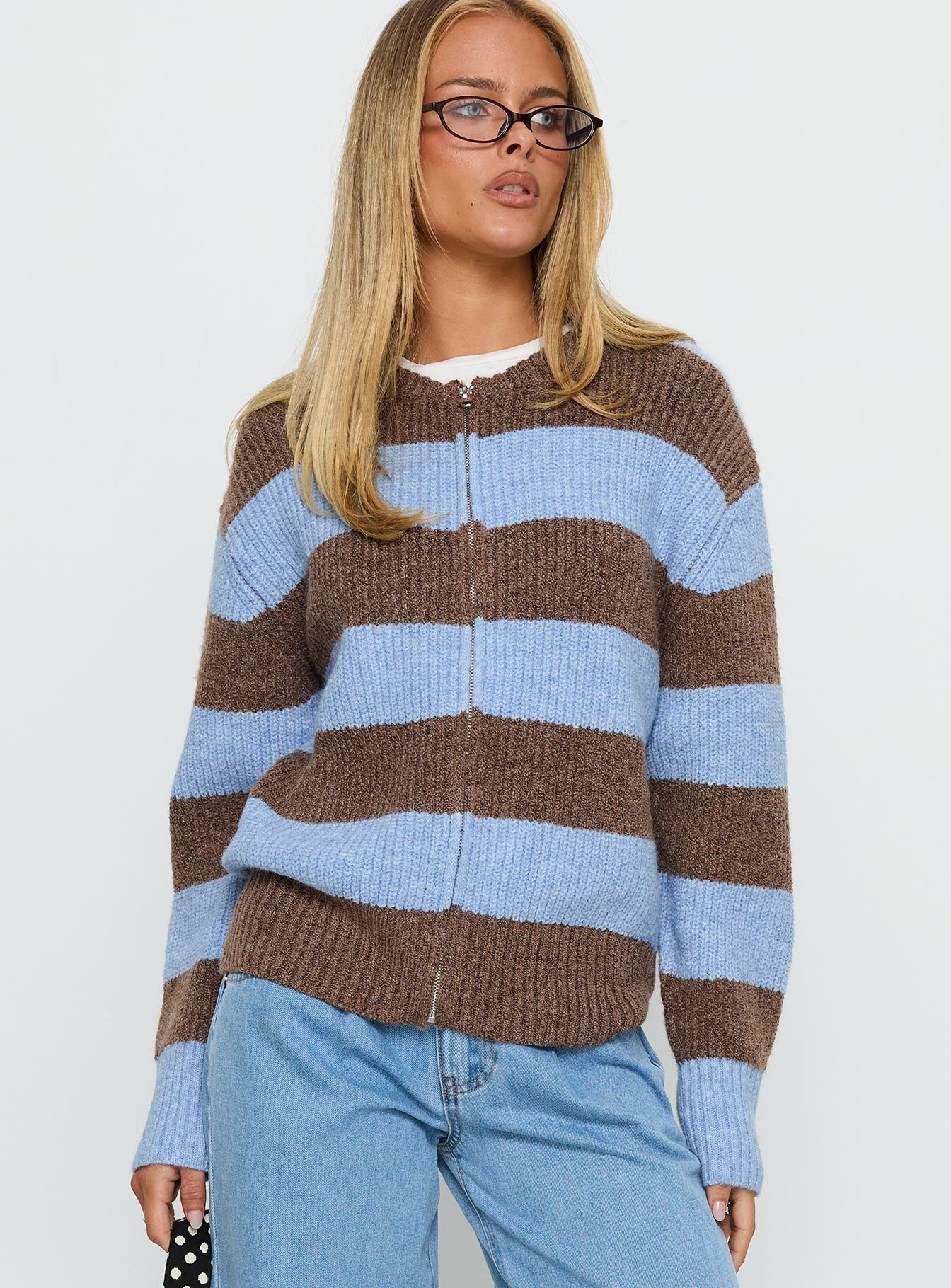 Queena Zip Through Knit Sweater Blue Stripe - Image 2