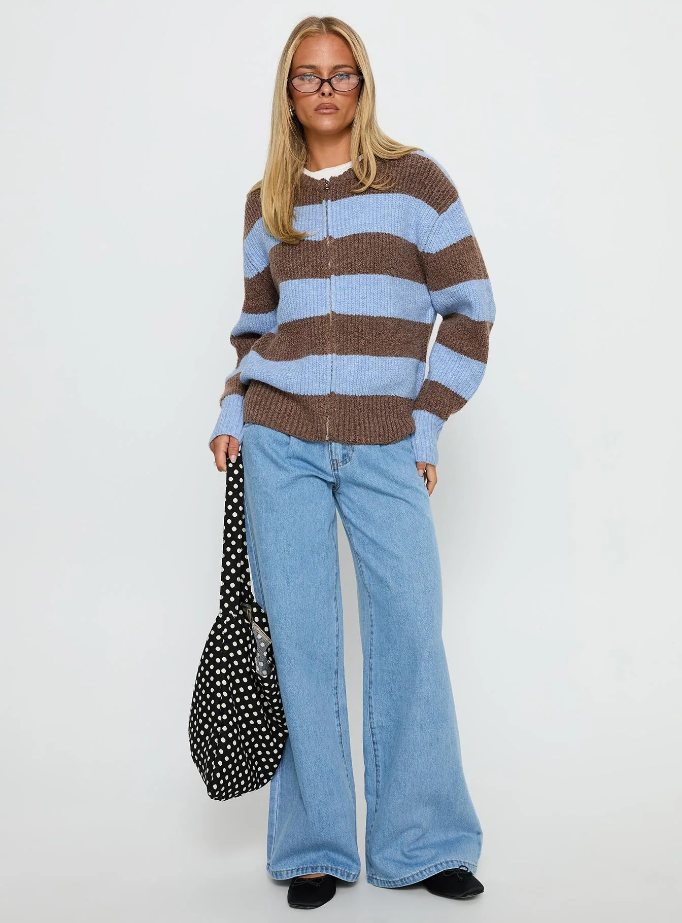 Queena Zip Through Knit Sweater Blue Stripe - Image 3