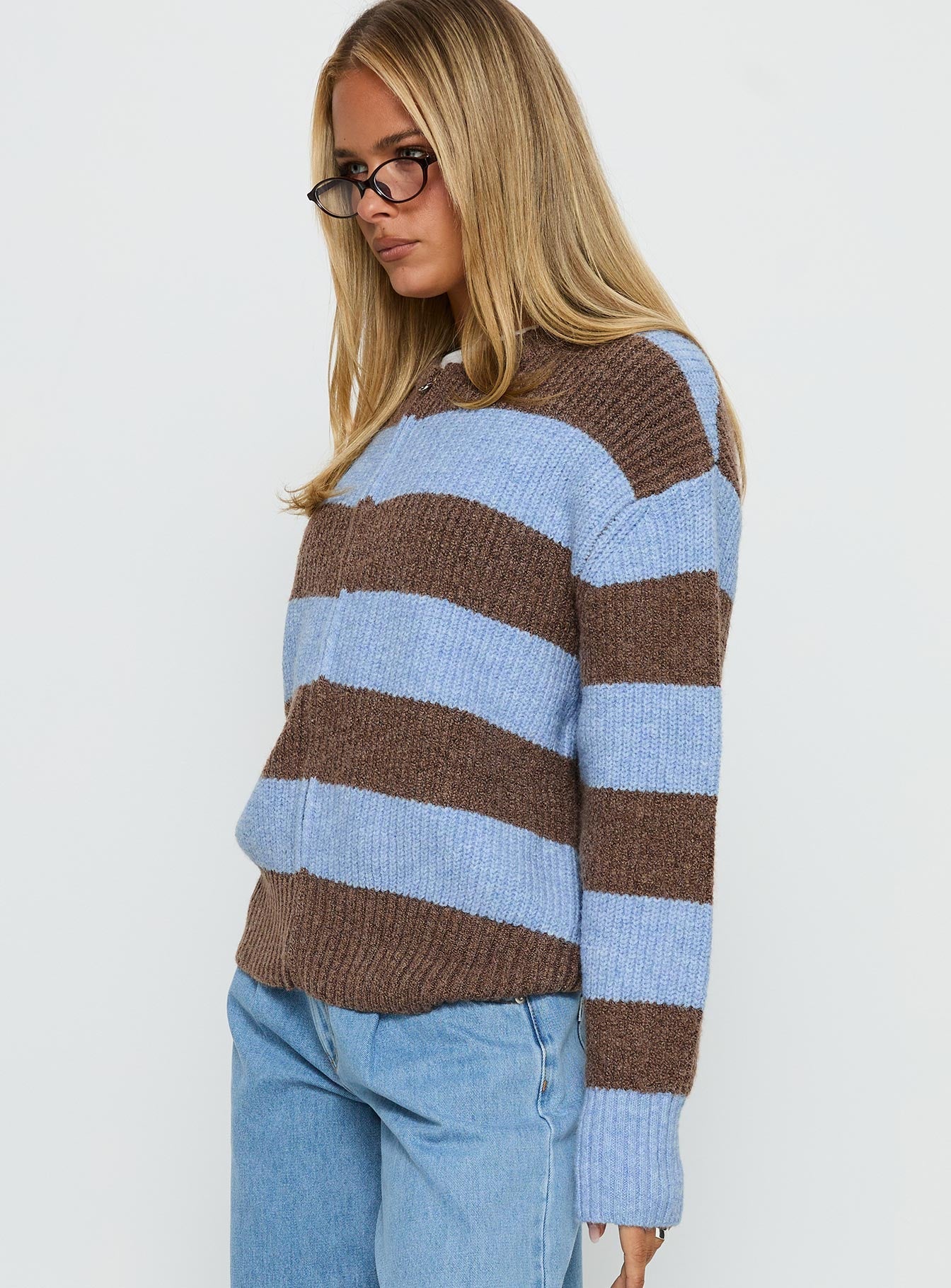 Queena Zip Through Knit Sweater Blue Stripe - Image 4