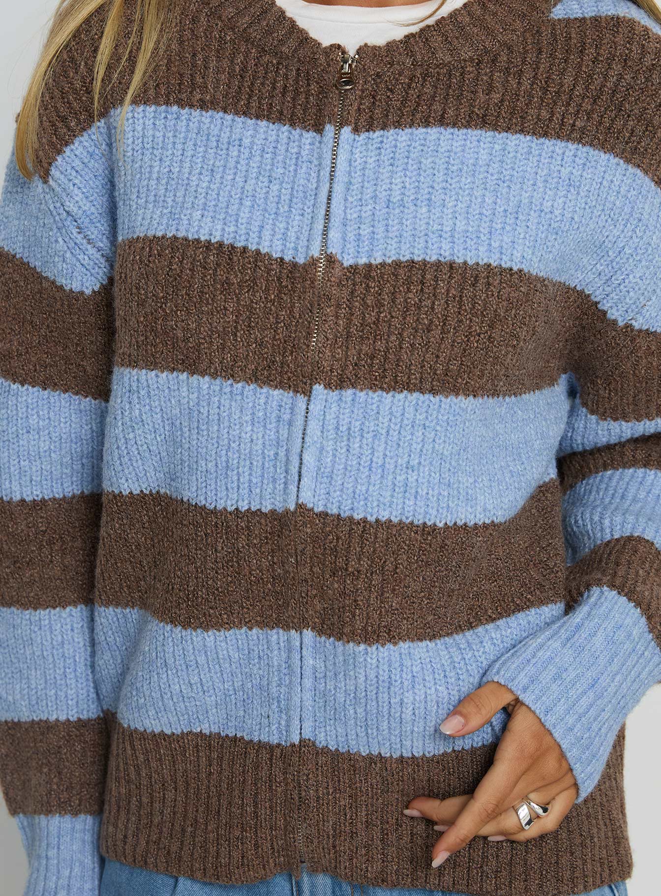 Queena Zip Through Knit Sweater Blue Stripe - Image 6