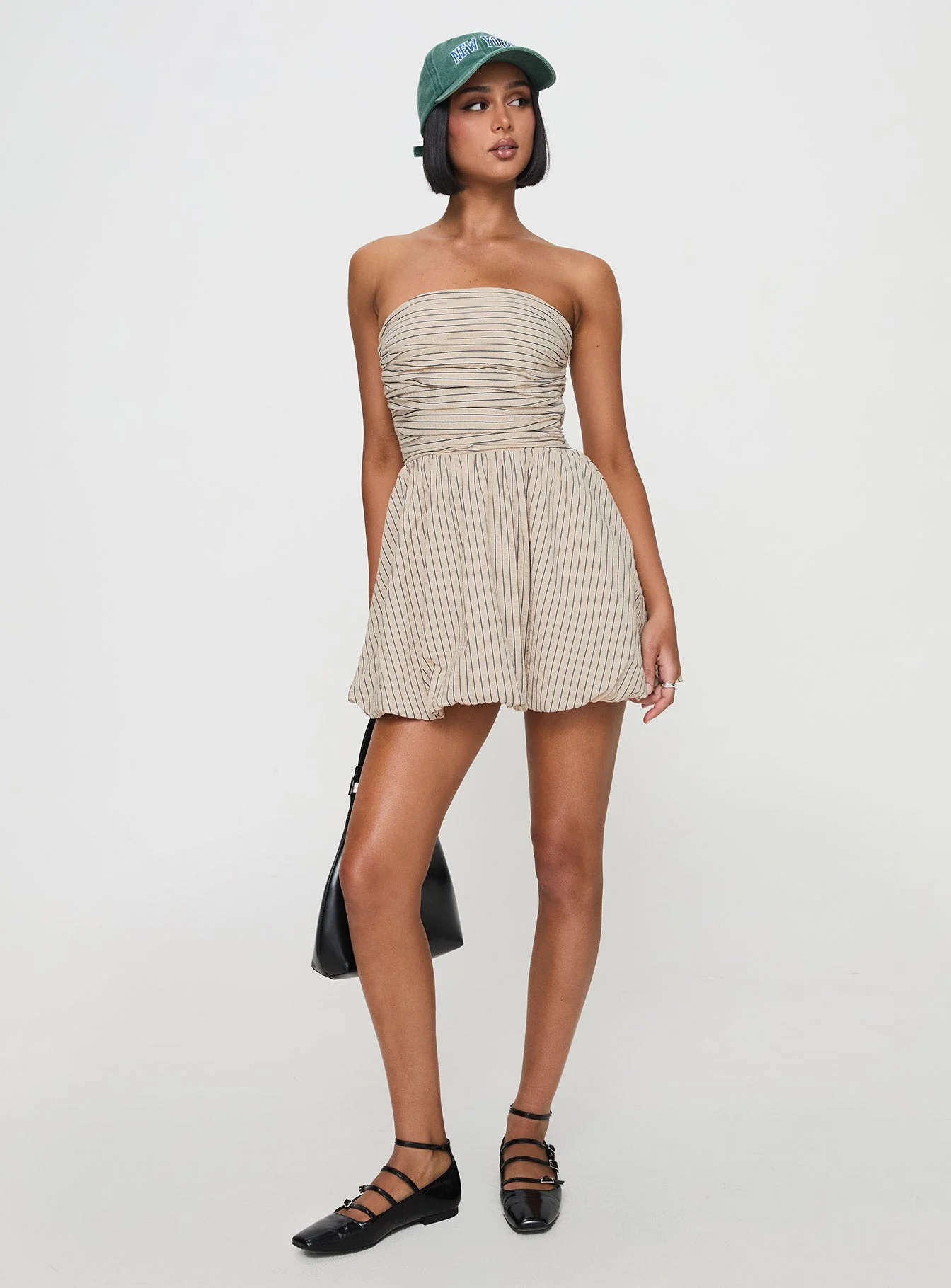 Quinette Strapless Bubble Hem Mini Dress Beige Stripe - Image 2