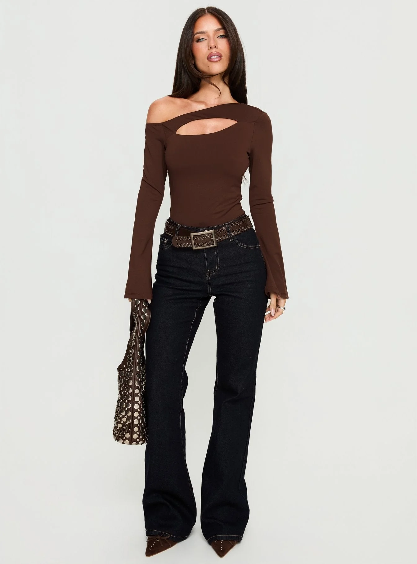 Raissa Cut Out One Shoulder Bodysuit Brown - Image 2