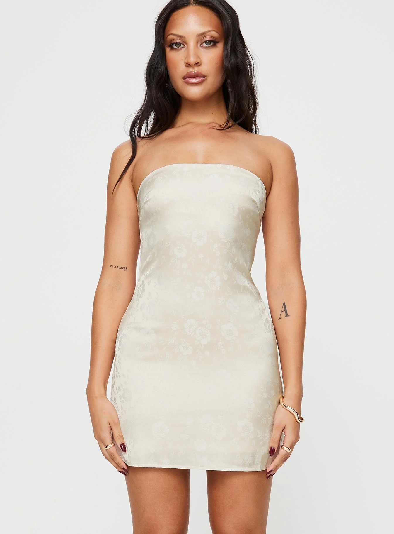 Ramie Strapless Mini Dress Champagne - Image 2