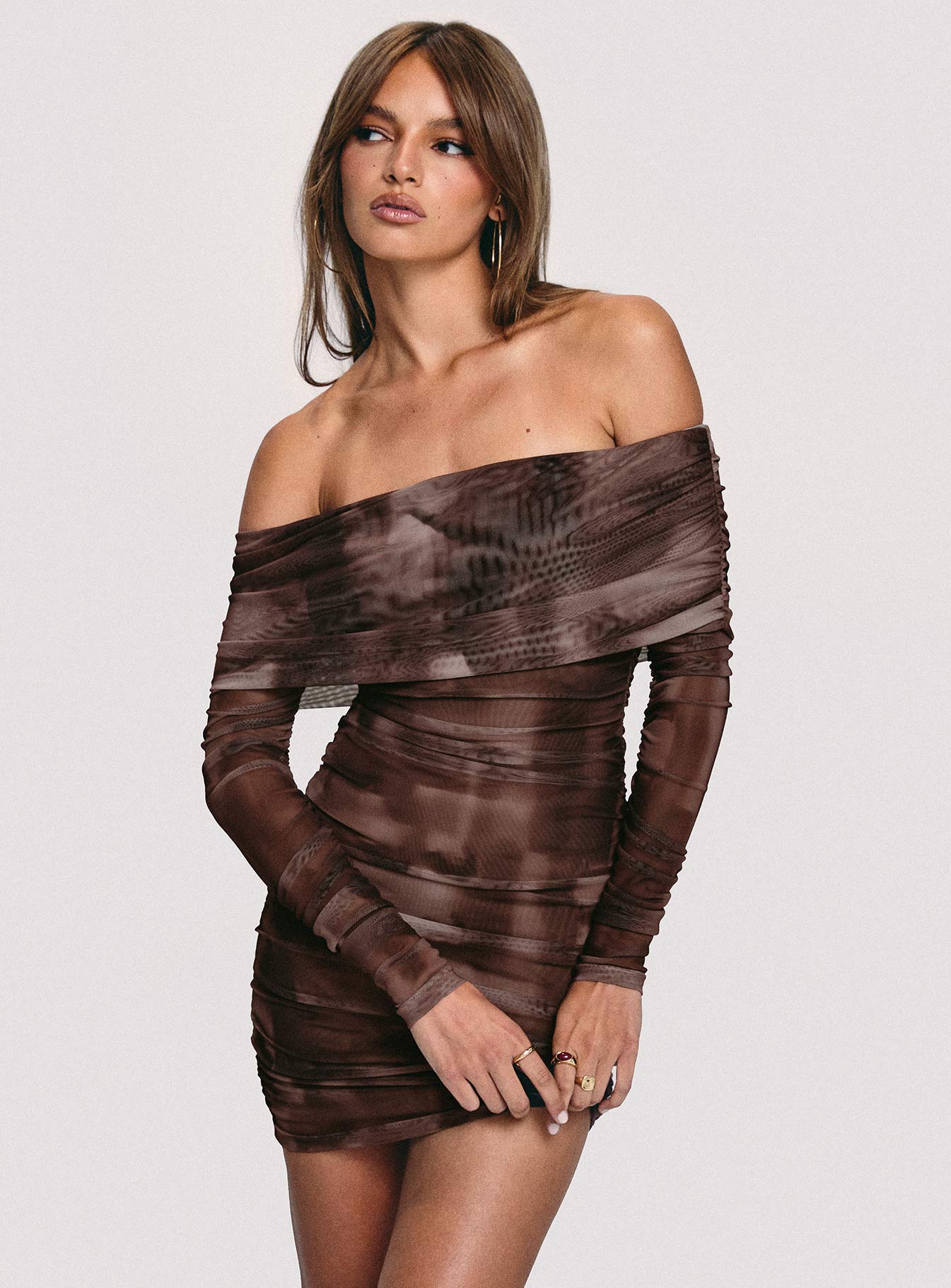 Raquella Long Sleeve Mini Dress Brown - Image 9