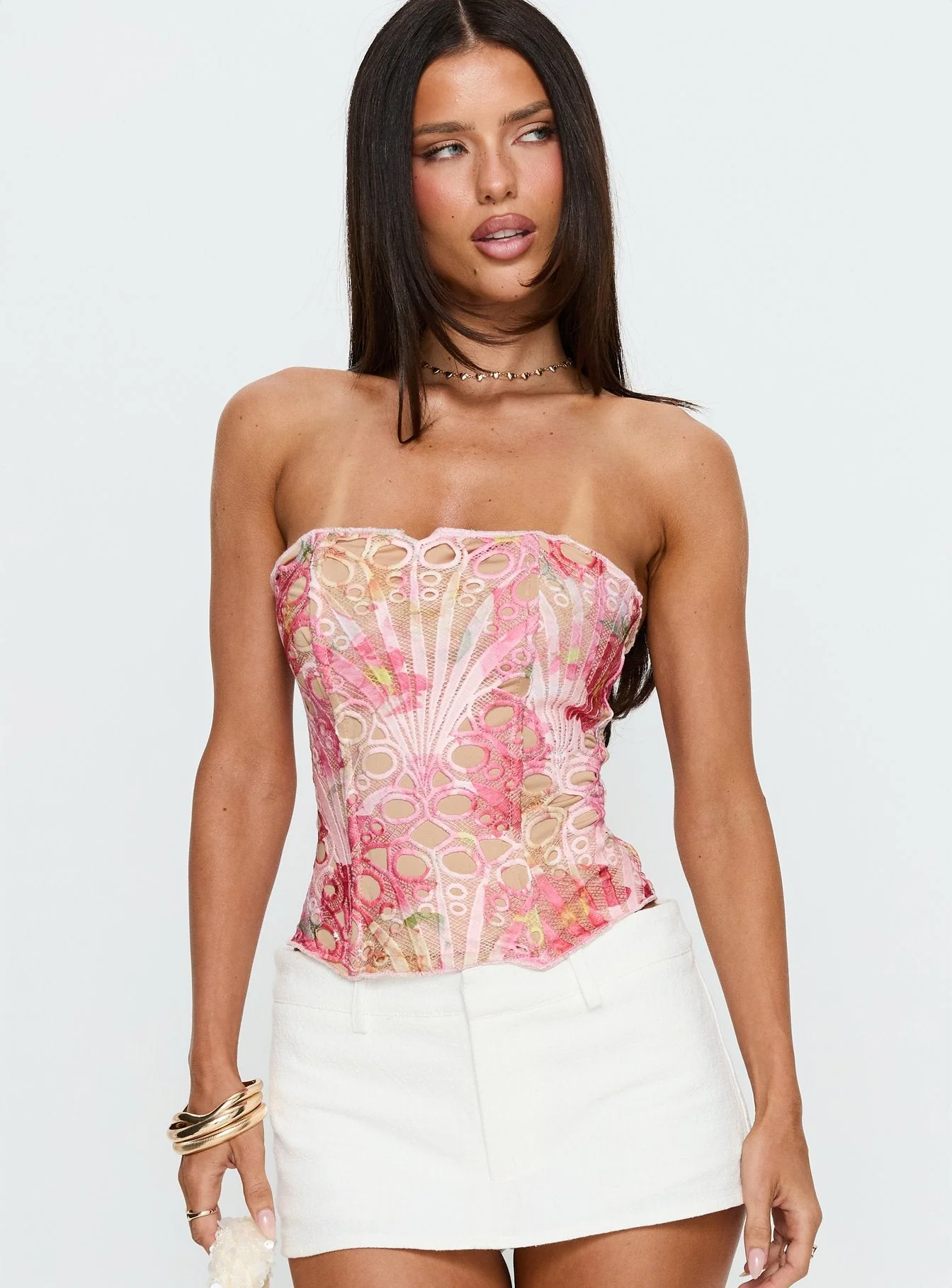 Raynelle Strapless Tie Back Corset Top Pink Multi - Image 2