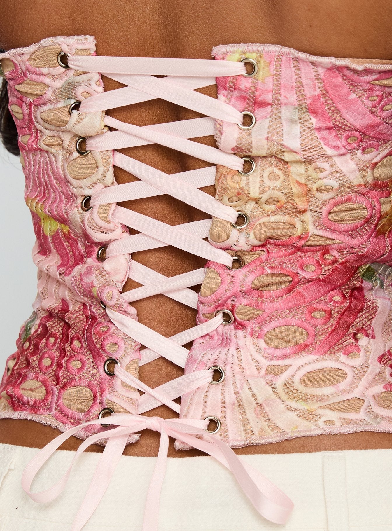 Raynelle Strapless Tie Back Corset Top Pink Multi - Image 7