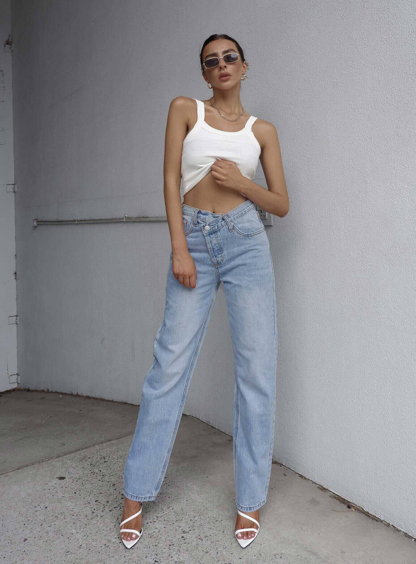 Holly Mid Rise Straight Leg Asymmetric Jean Light Wash Denim - Image 9