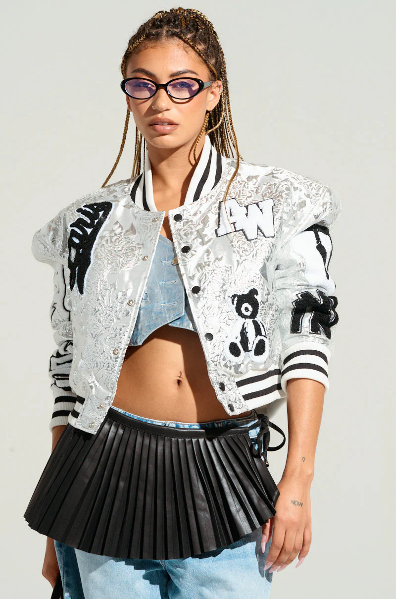 REELA SILVER BROCADE BOMBER JACKET IN SILVER - Image 2