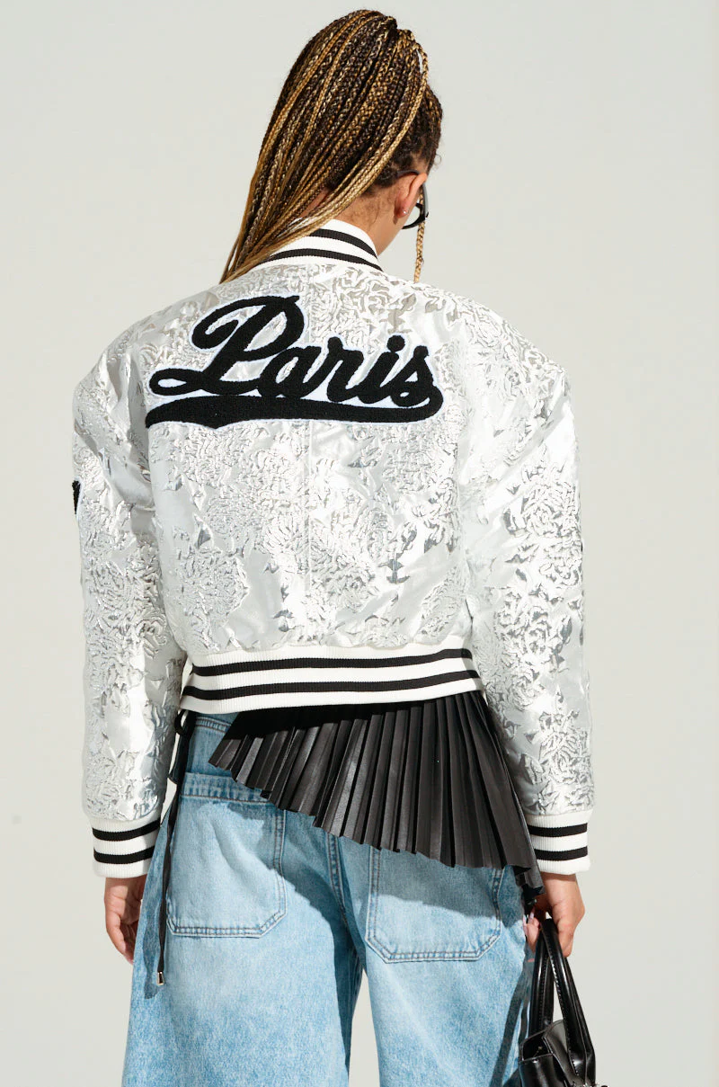REELA SILVER BROCADE BOMBER JACKET IN SILVER - Image 5