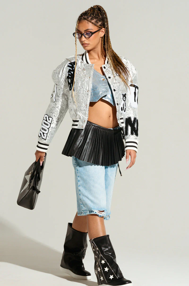 REELA SILVER BROCADE BOMBER JACKET IN SILVER - Image 7