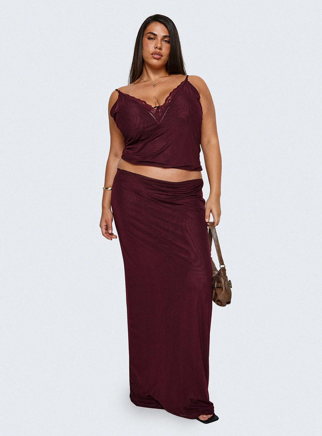 Reiko Lace Trim Tie Front Maxi Set Burgundy Curve - Image 8