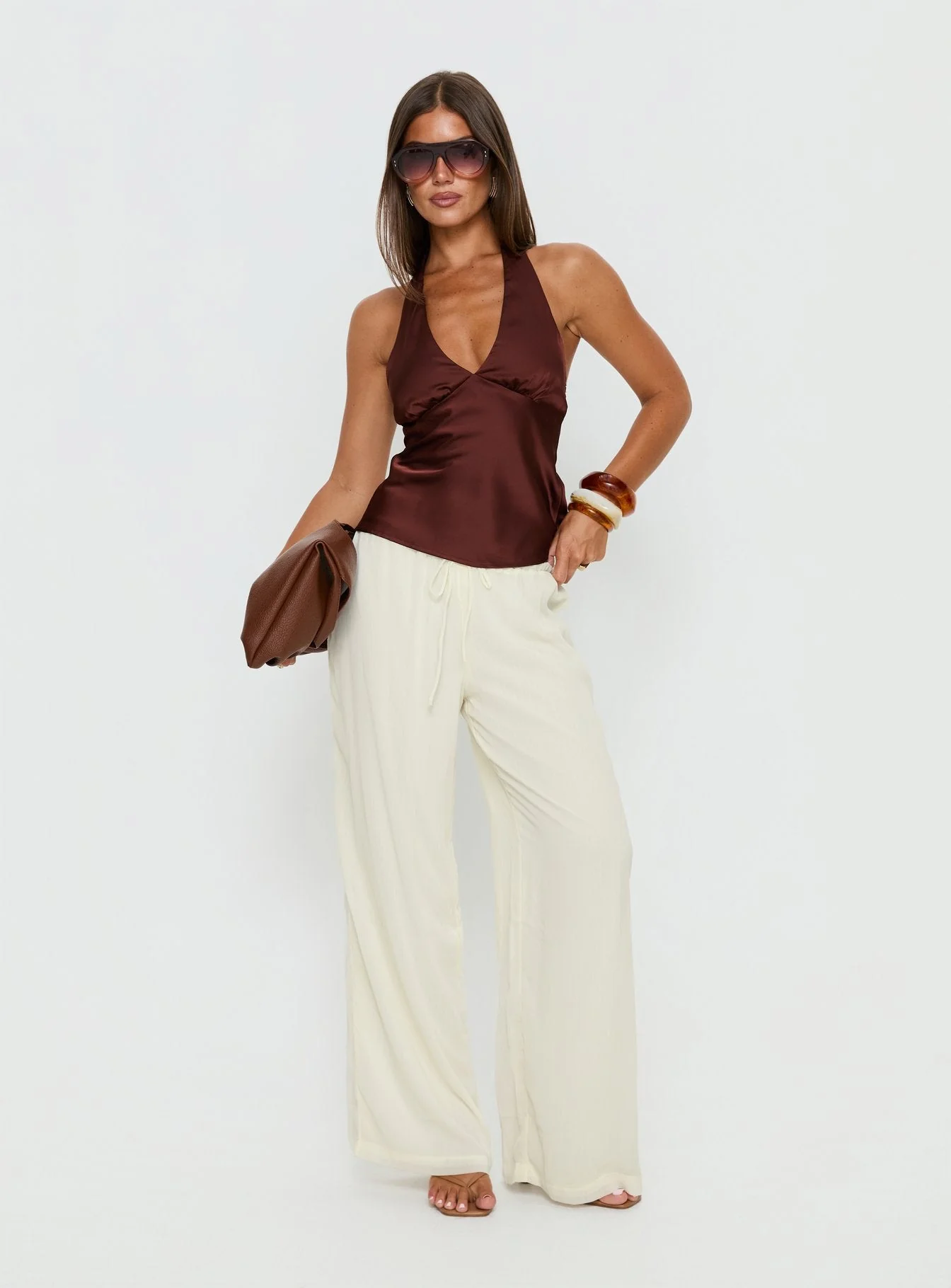 Remarkable Satin Plunge Neck Top Chocolate - Image 3