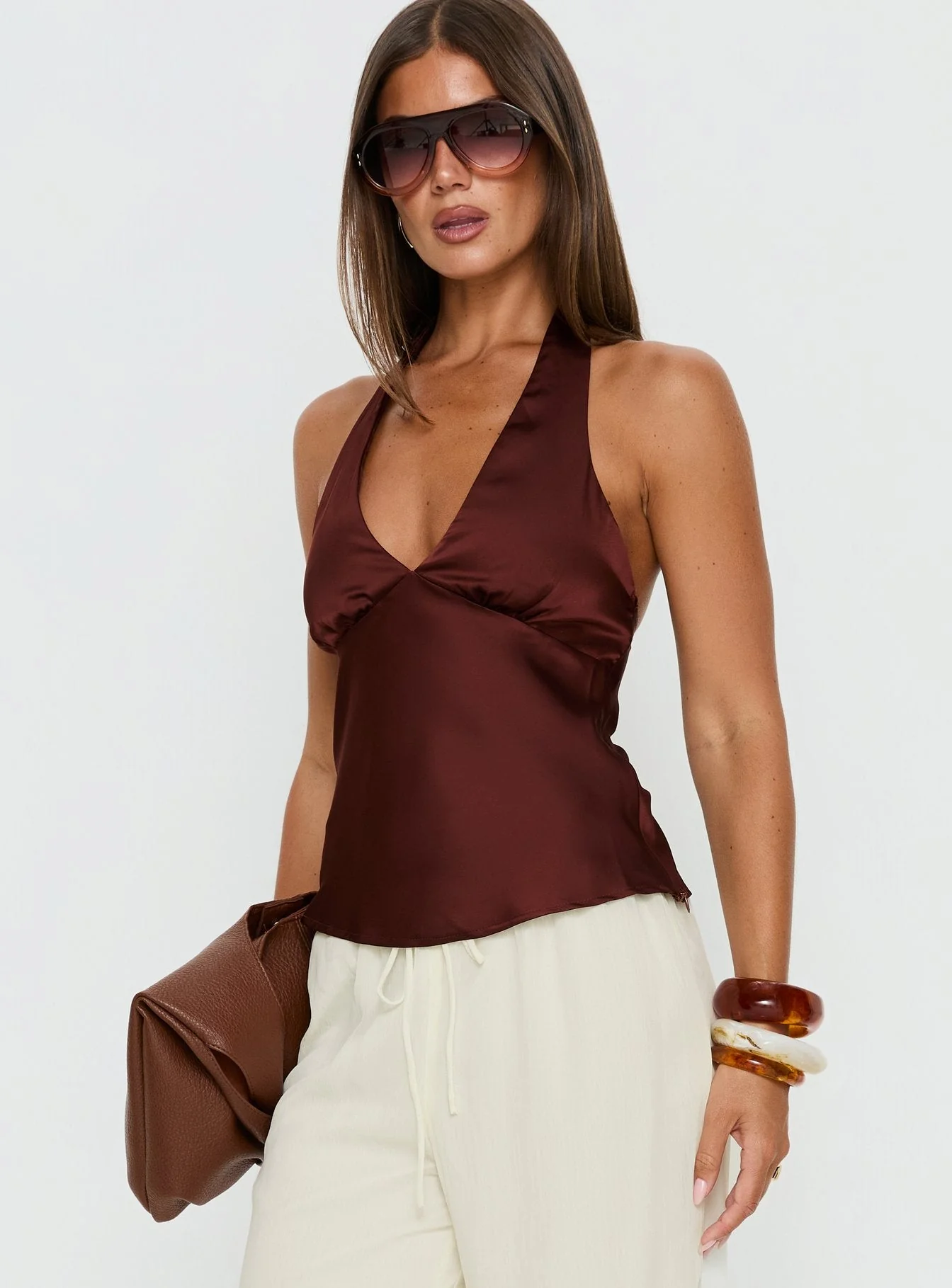 Remarkable Satin Plunge Neck Top Chocolate - Image 4