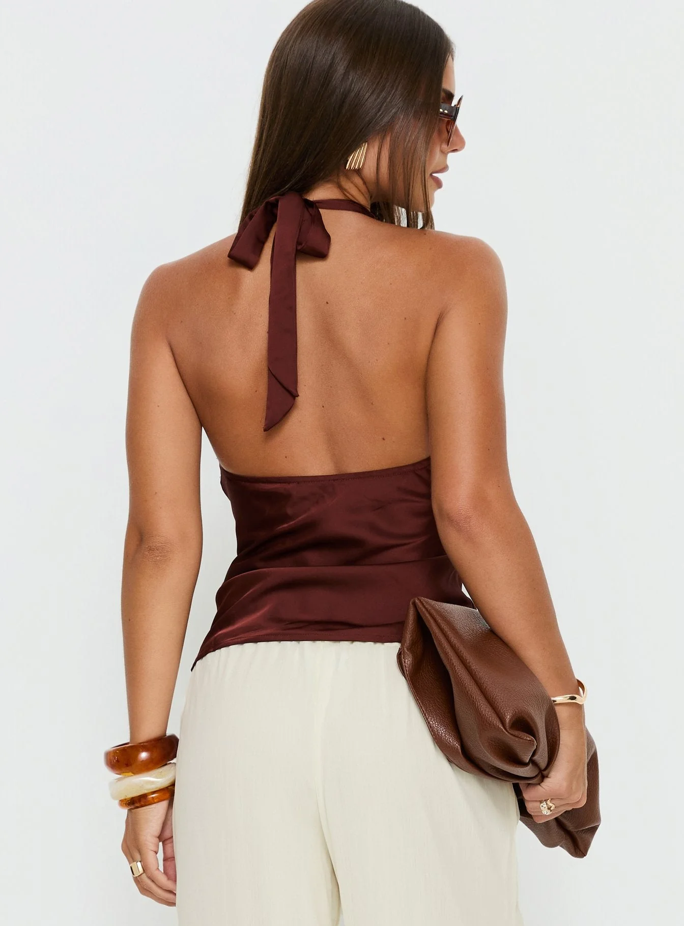 Remarkable Satin Plunge Neck Top Chocolate - Image 5