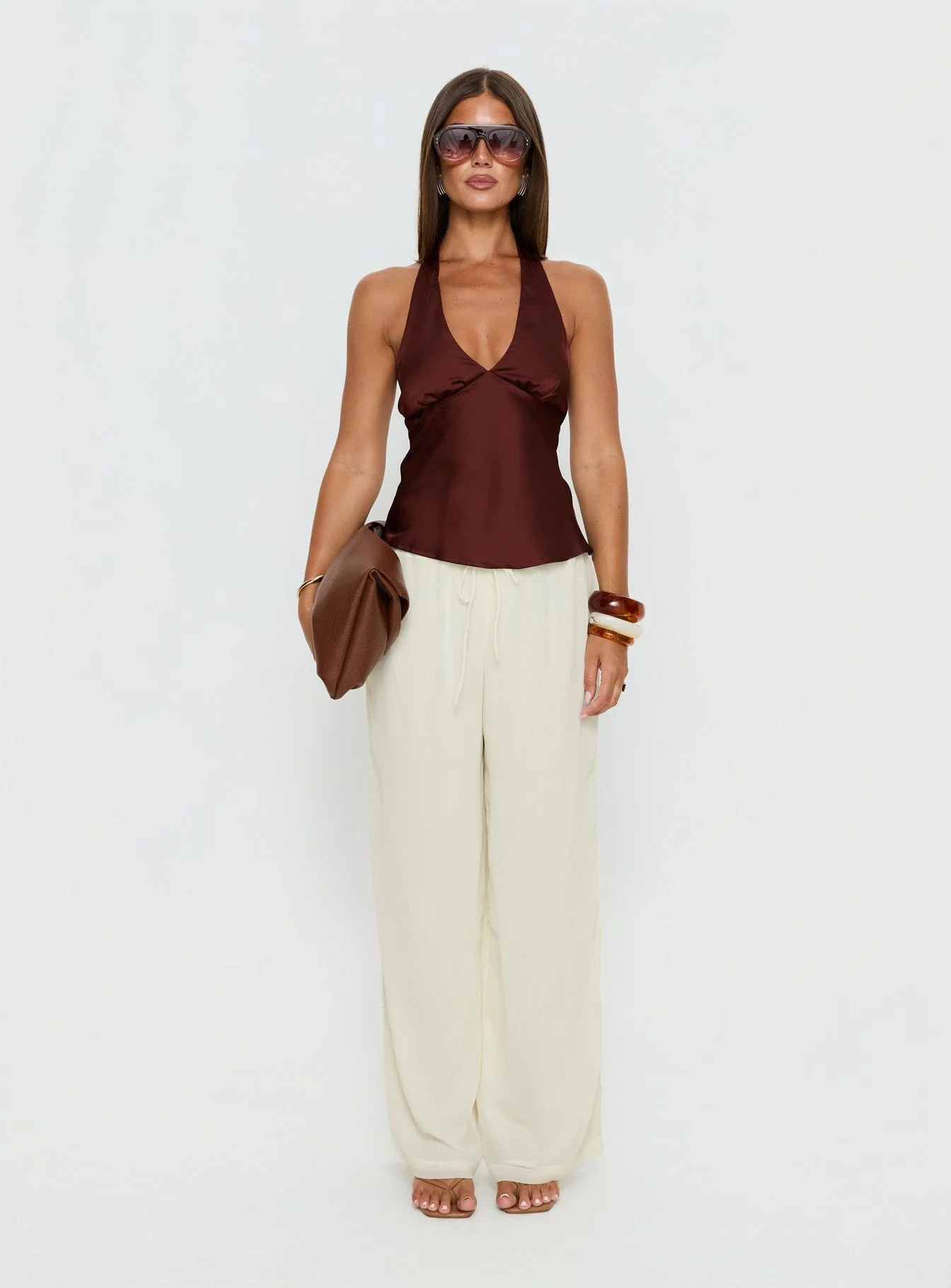 Remarkable Satin Plunge Neck Top Chocolate - Image 7