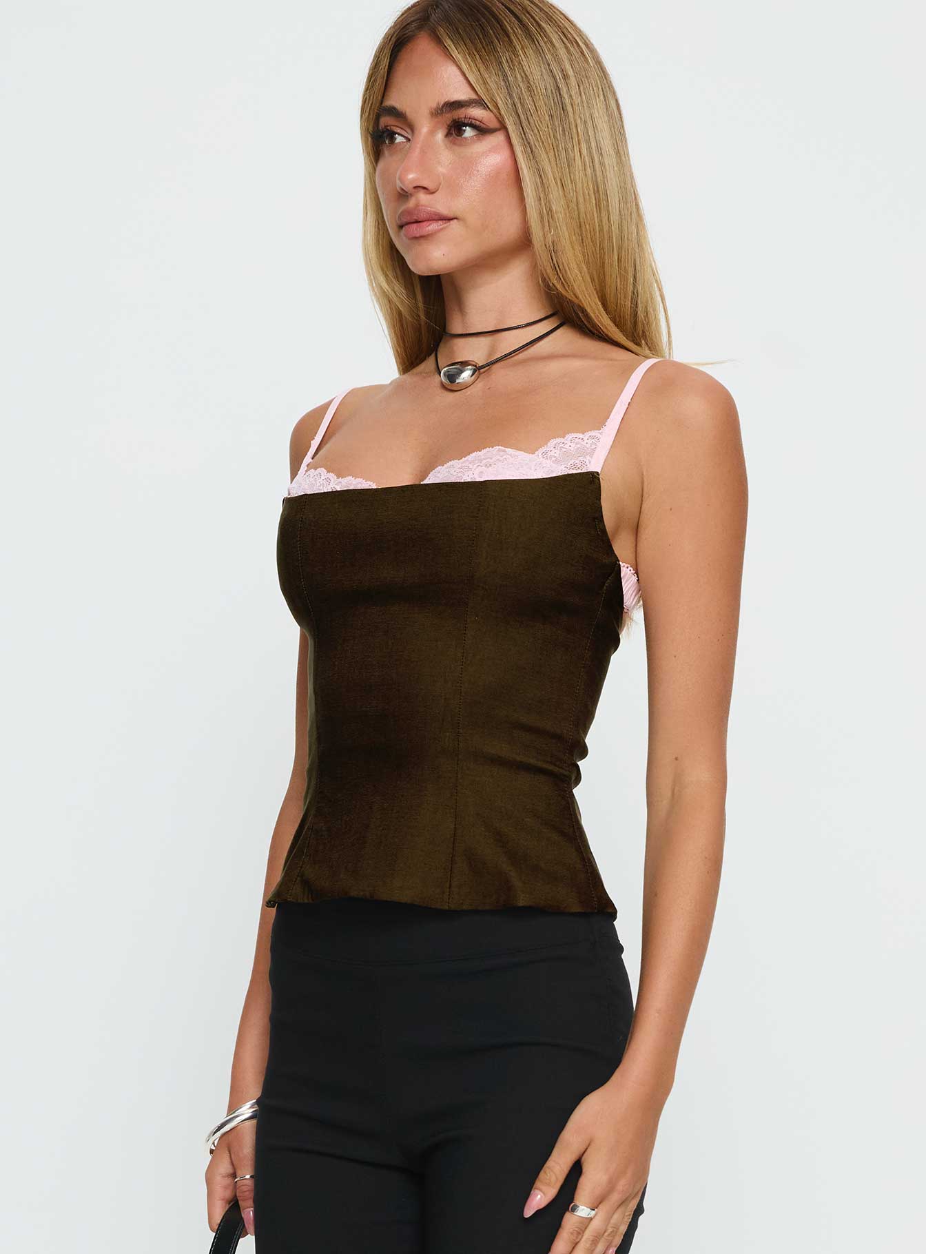 Renaissance Corset Lace Top Olive / Pink - Image 4