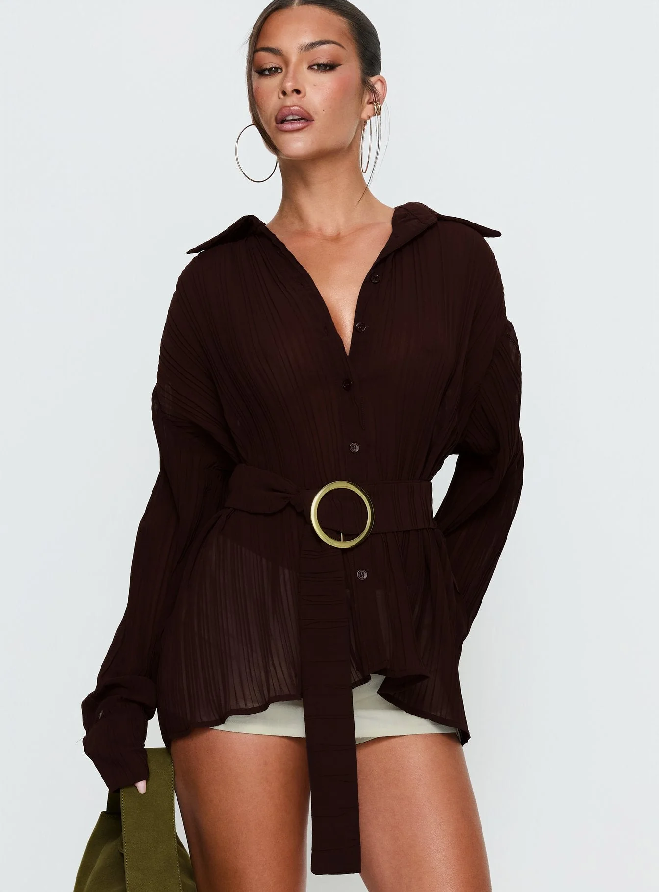 Rhiane Belted Long Sleeve Shirt Chocolate - Image 2