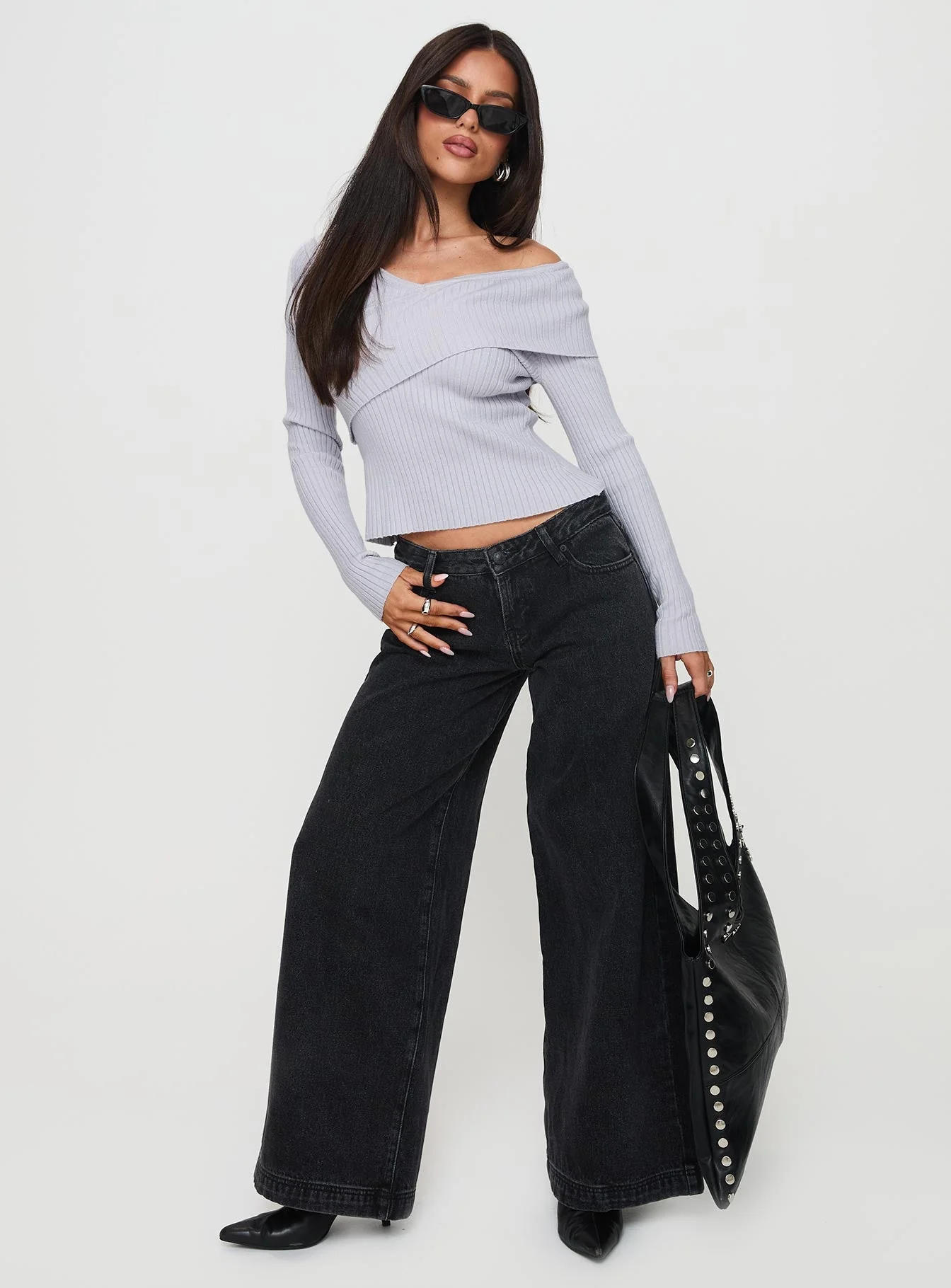 Ribbon Stamp Low Rise Wide Leg Jeans Washed Black - Image 3