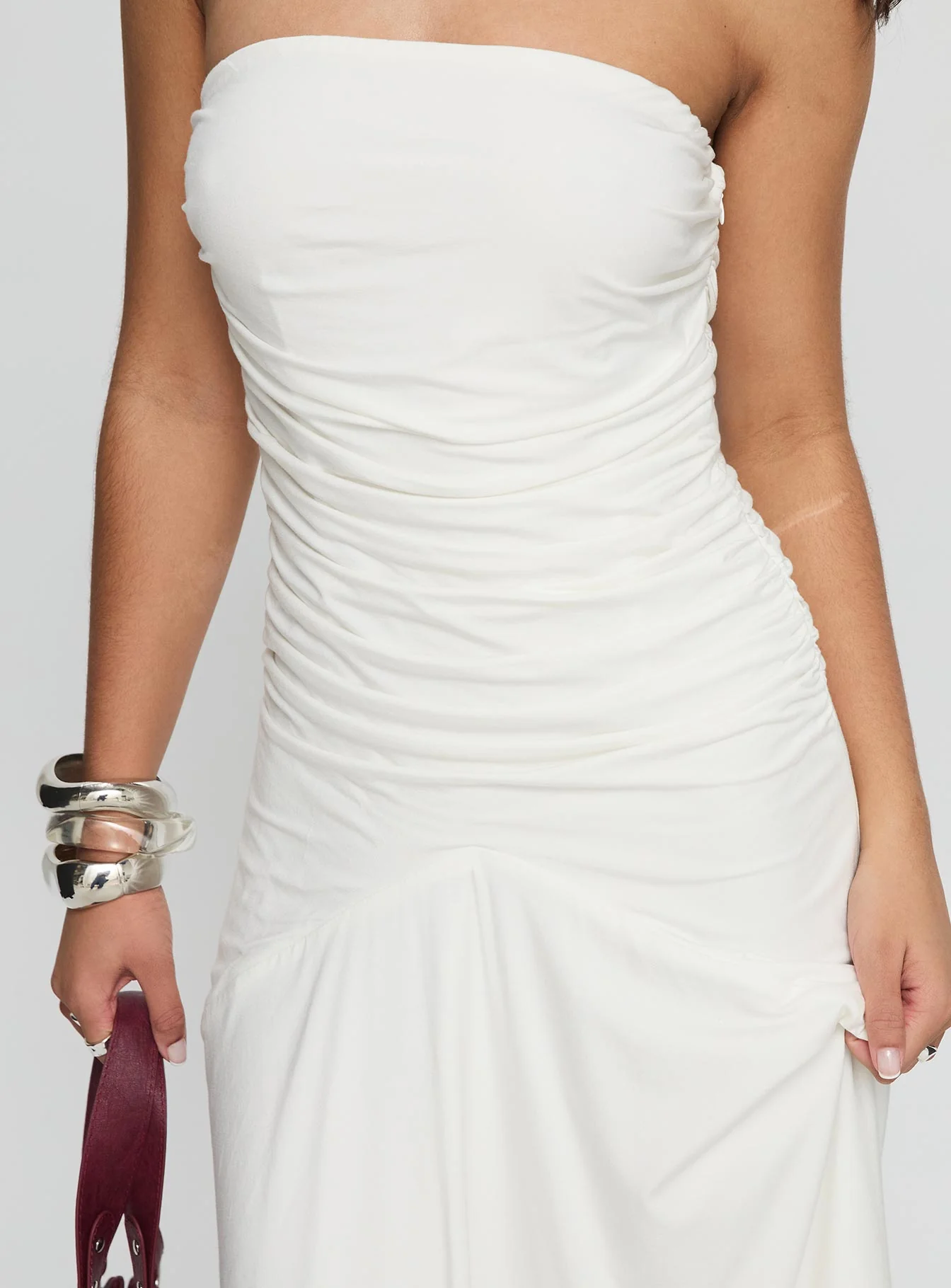 Rienna Strapless Asymmetrical Midi Dress White - Image 6