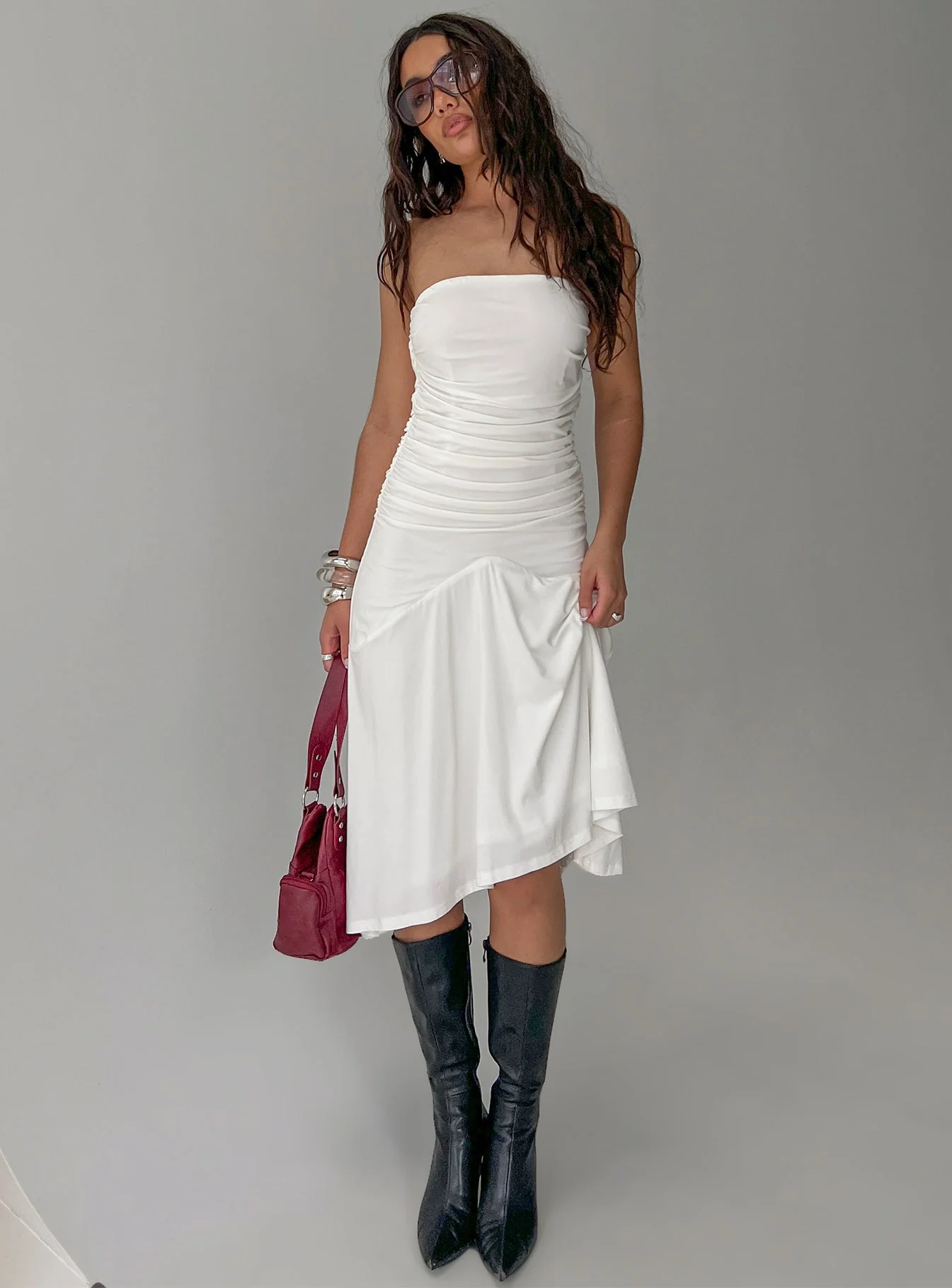 Rienna Strapless Asymmetrical Midi Dress White - Image 8