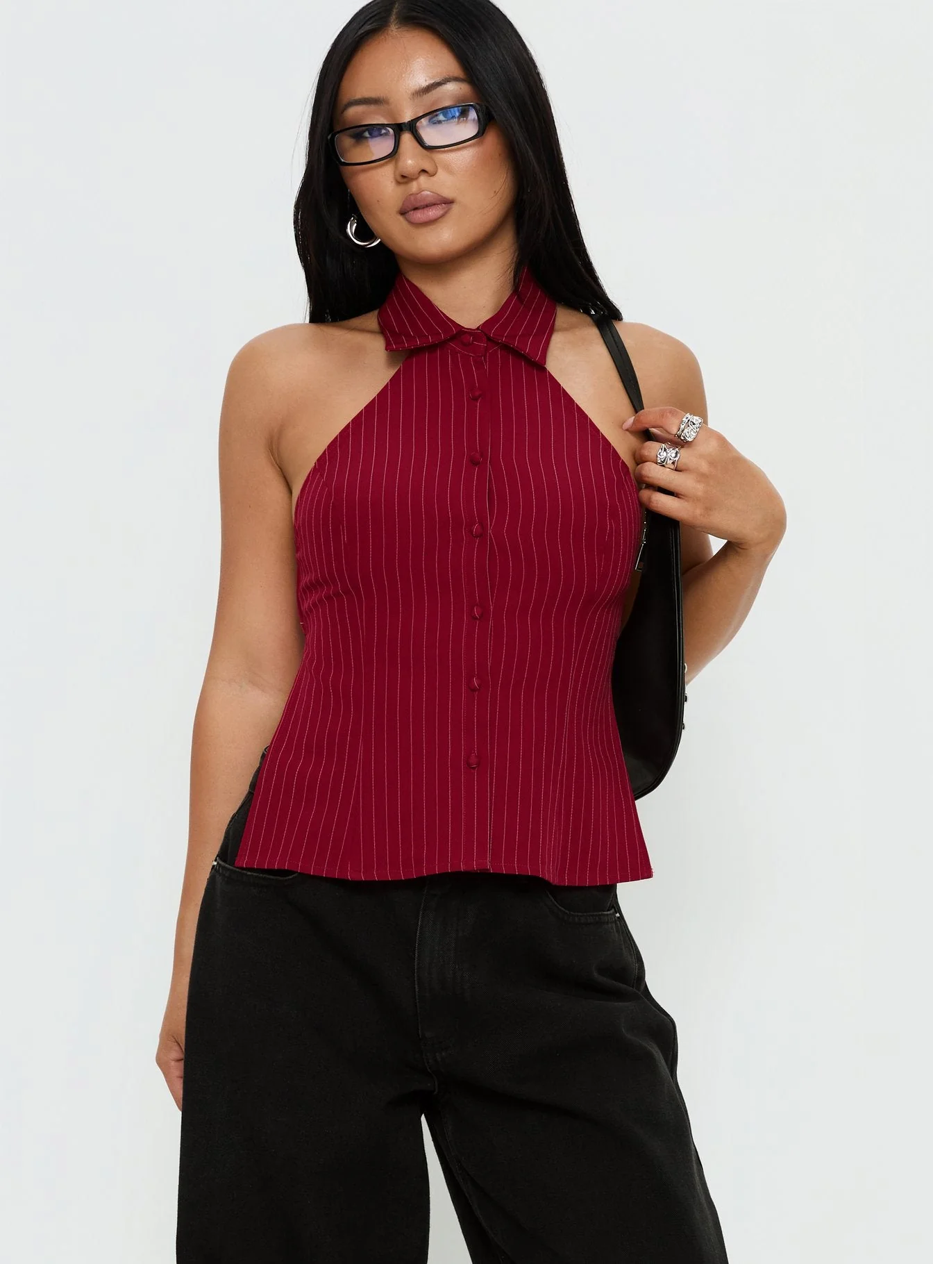 Roanne Backless Collared Top Red Stripe - Image 2