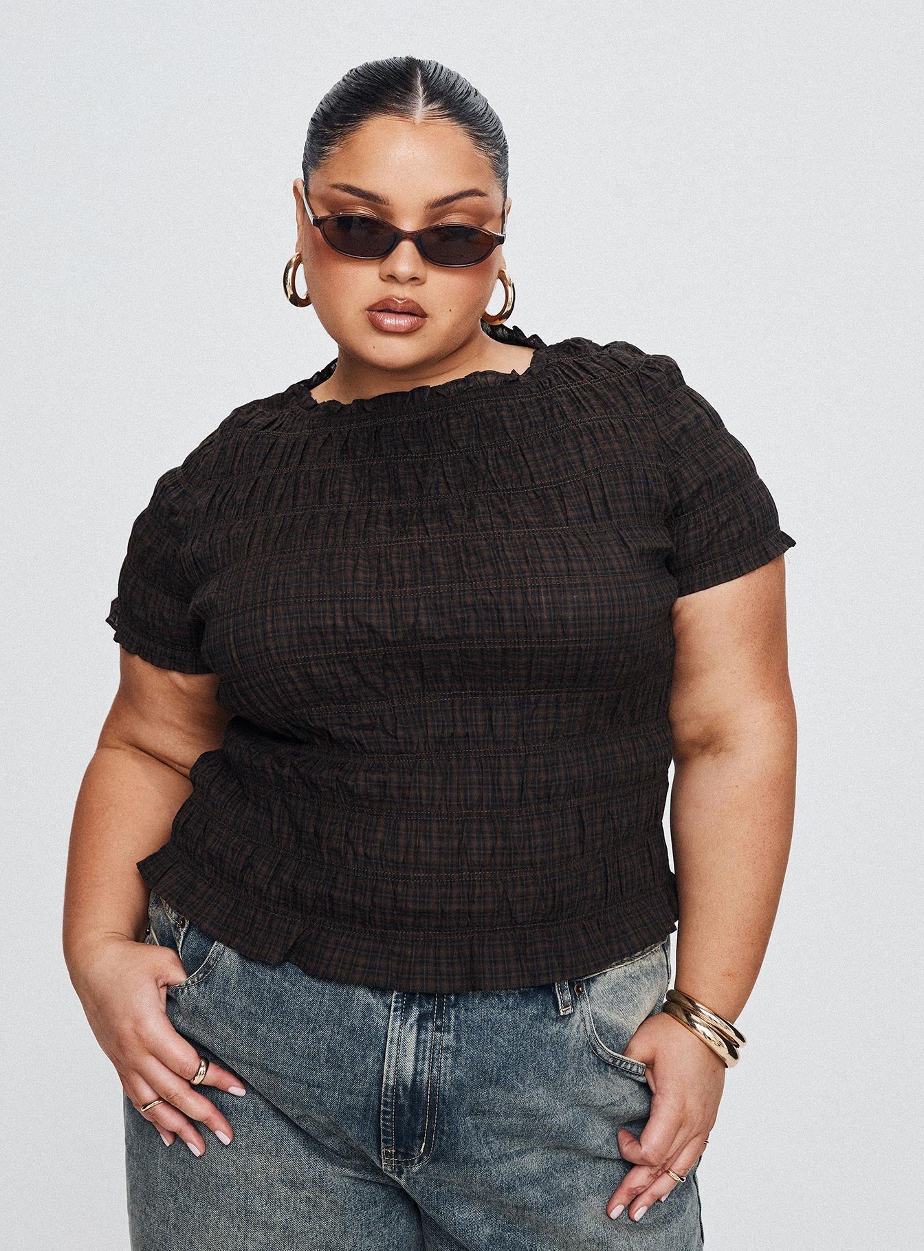 Romelle Shirred Top Black / Brown Plaid - Image 11