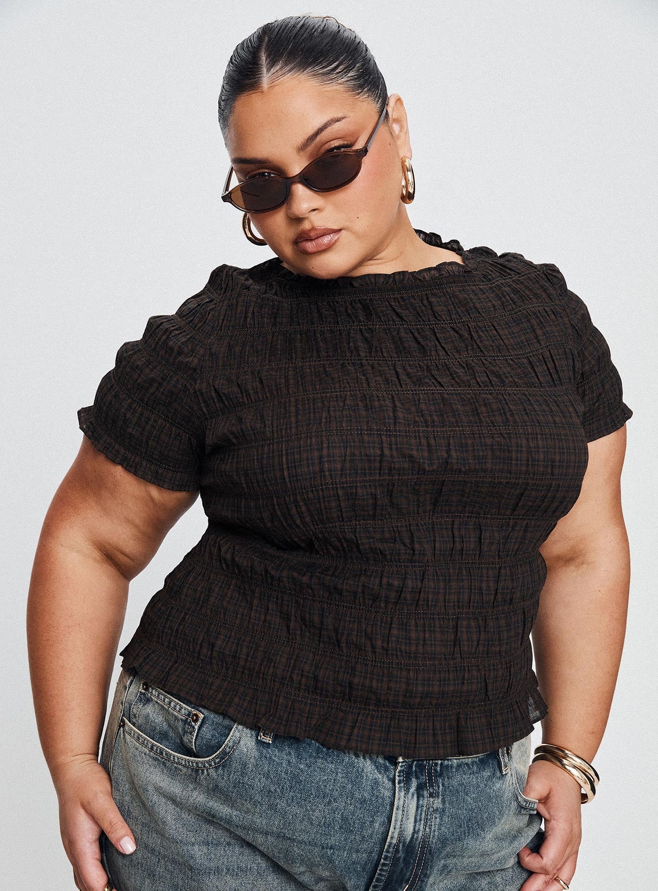 Romelle Shirred Top Black / Brown Plaid - Image 12