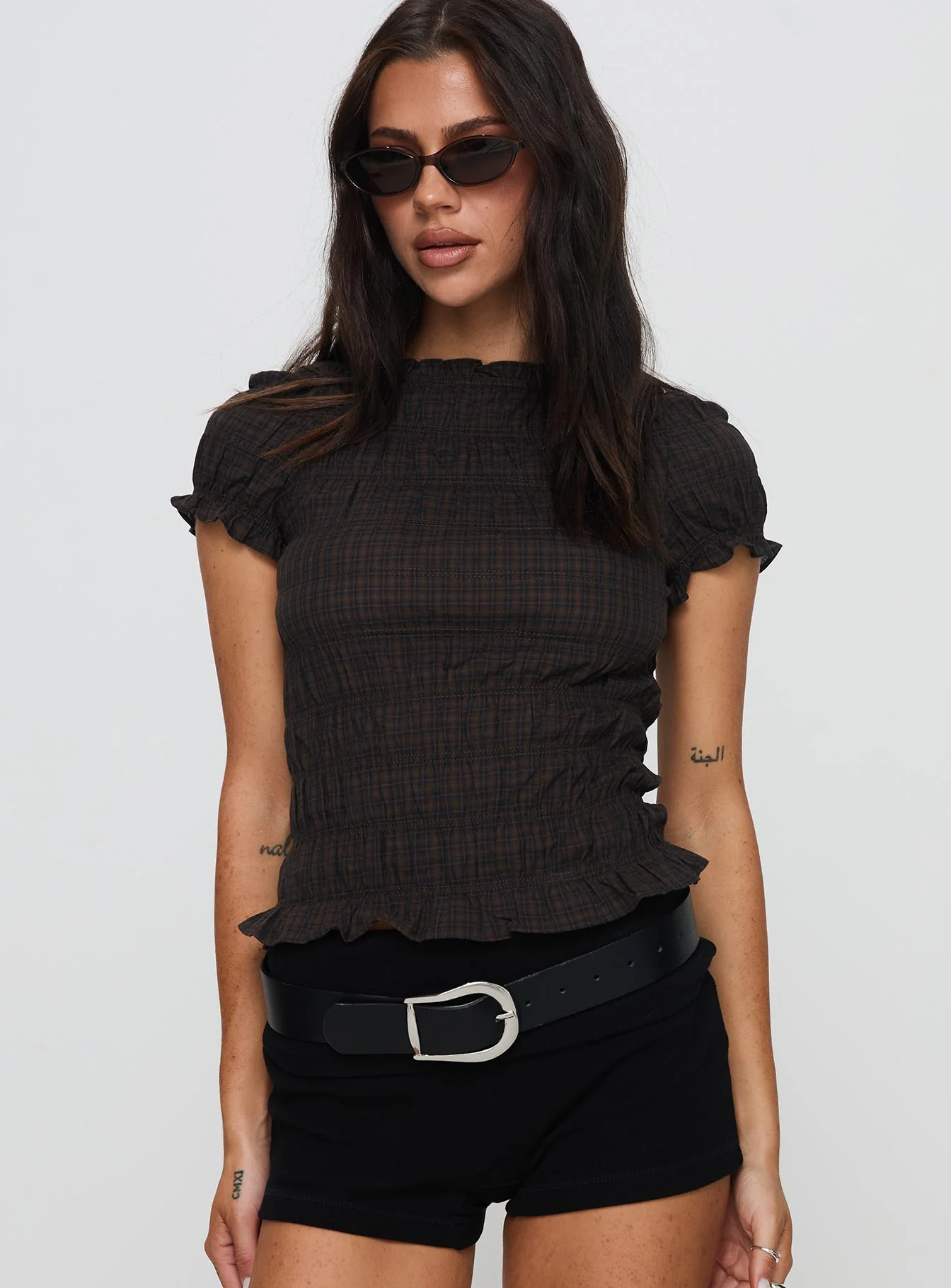 Romelle Shirred Top Black / Brown Plaid - Image 2