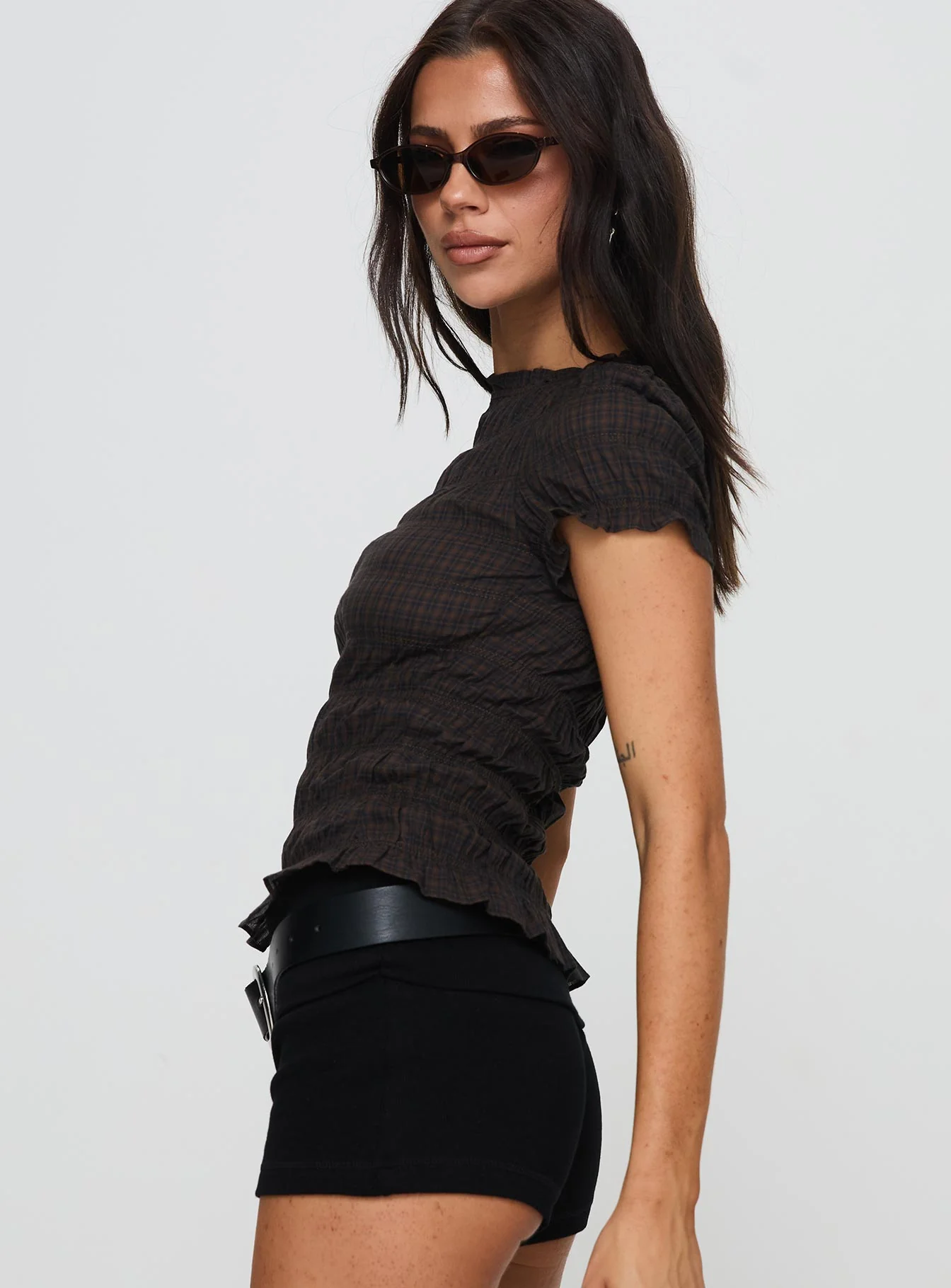 Romelle Shirred Top Black / Brown Plaid Petite - Image 7
