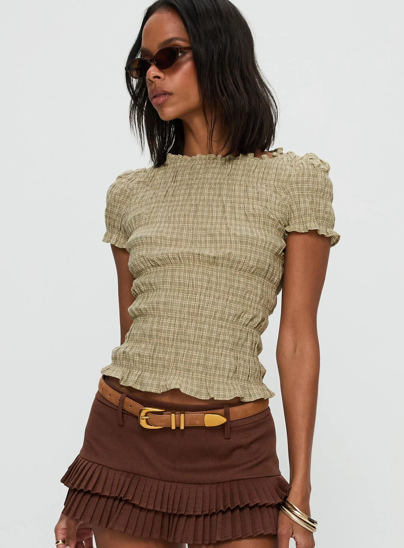 Romelle Shirred Top Green / Brown Plaid - Image 2