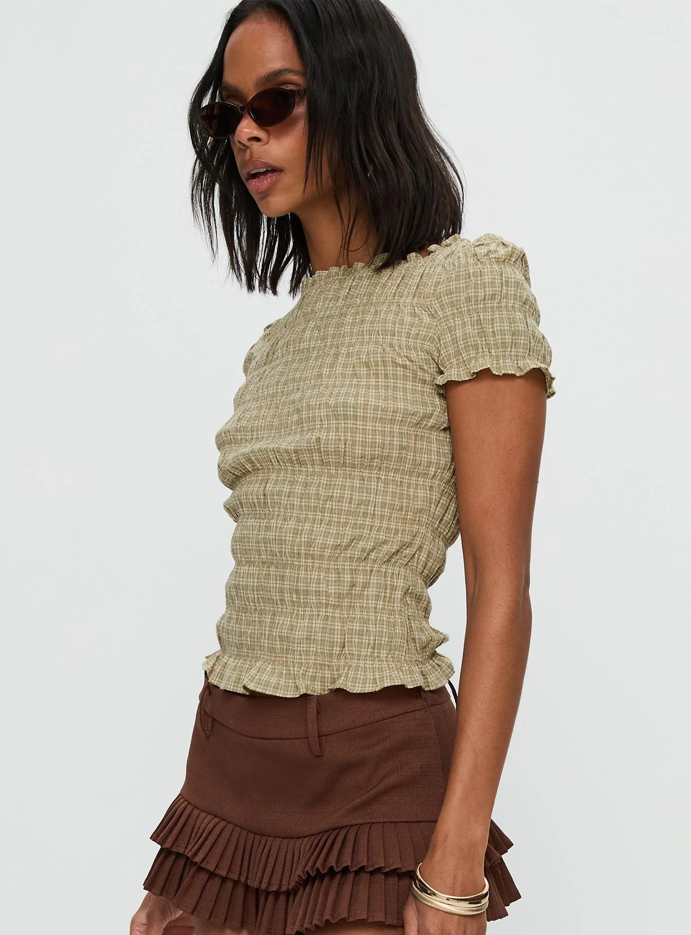 Romelle Shirred Top Green / Brown Plaid - Image 4