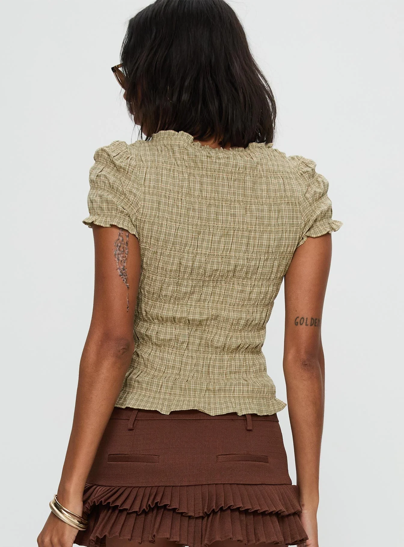 Romelle Shirred Top Green / Brown Plaid - Image 5