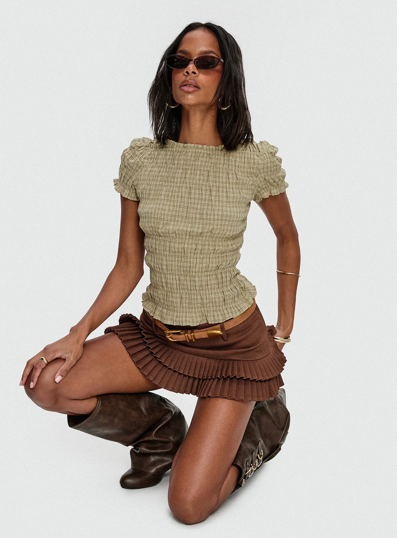 Romelle Shirred Top Green / Brown Plaid - Image 8
