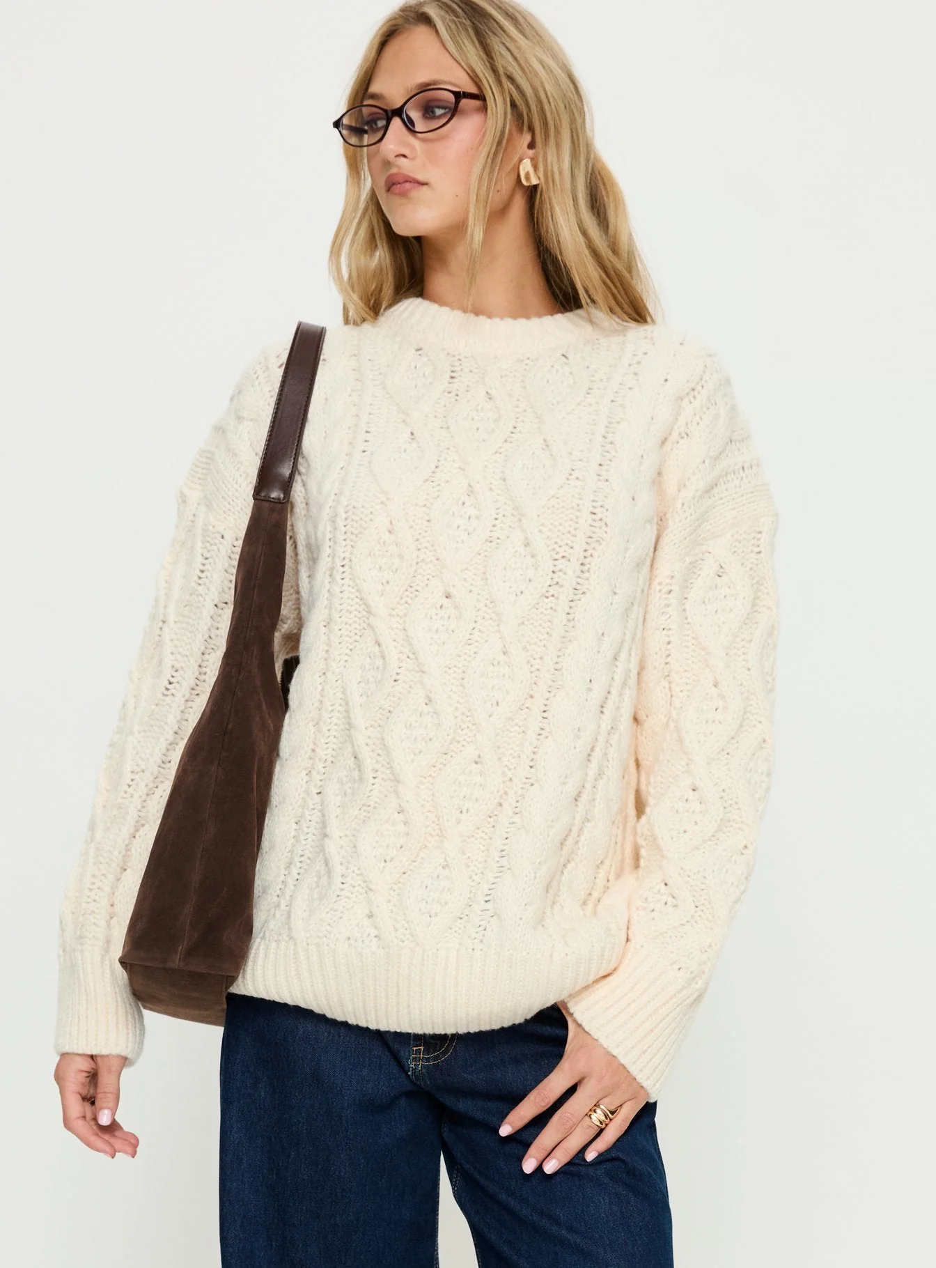 Rorey Cable Knit Crew Neck Sweater White - Image 2